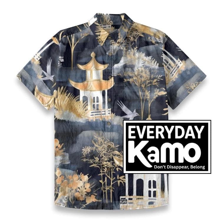 Mens Japanese Pagoda Crane Slub Cotton Shirt | Aloha Resort Wear