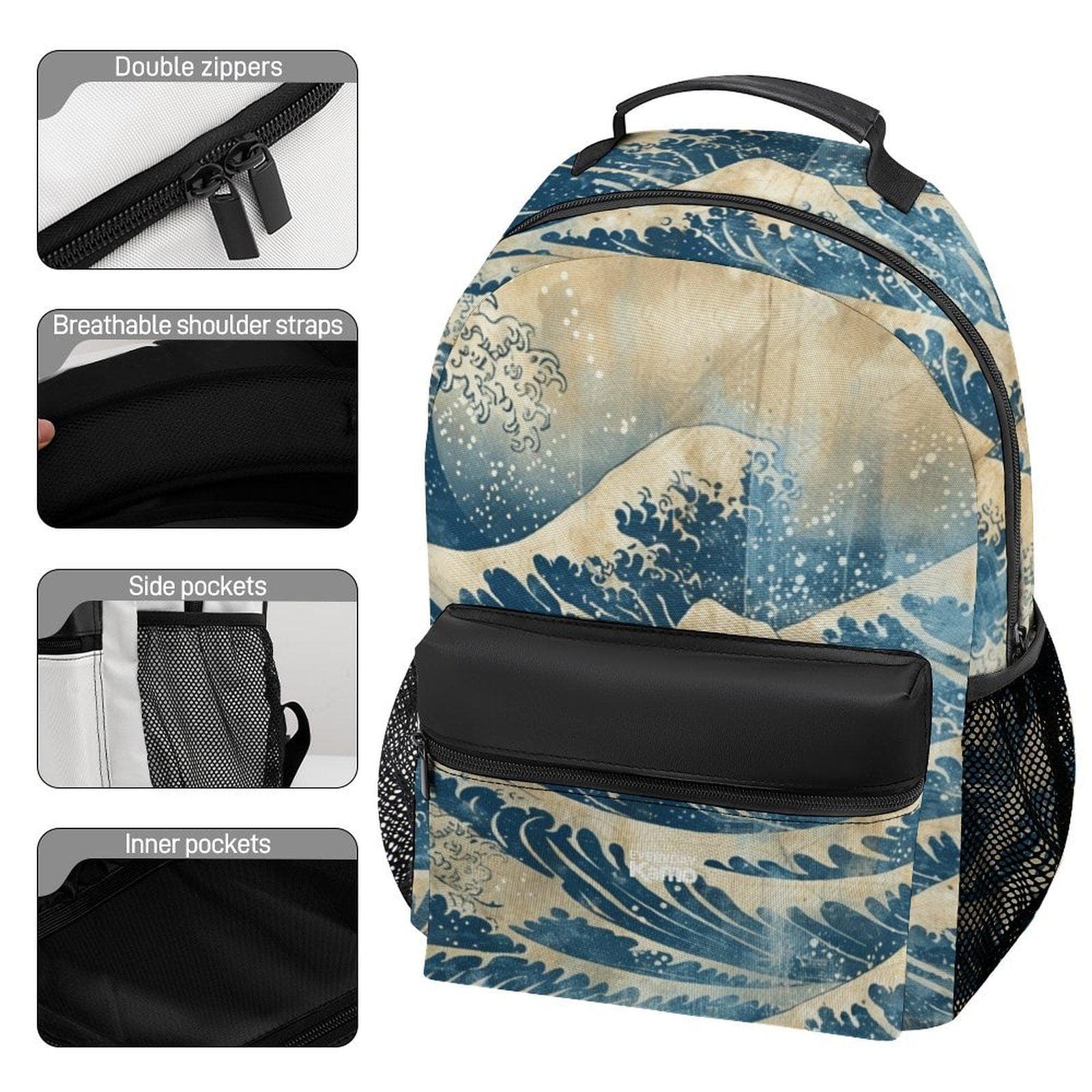 The Great Wave Adventure Backpack | Everyday Kamo Japanese Art Travel Bag | Durable Polyester & Leather