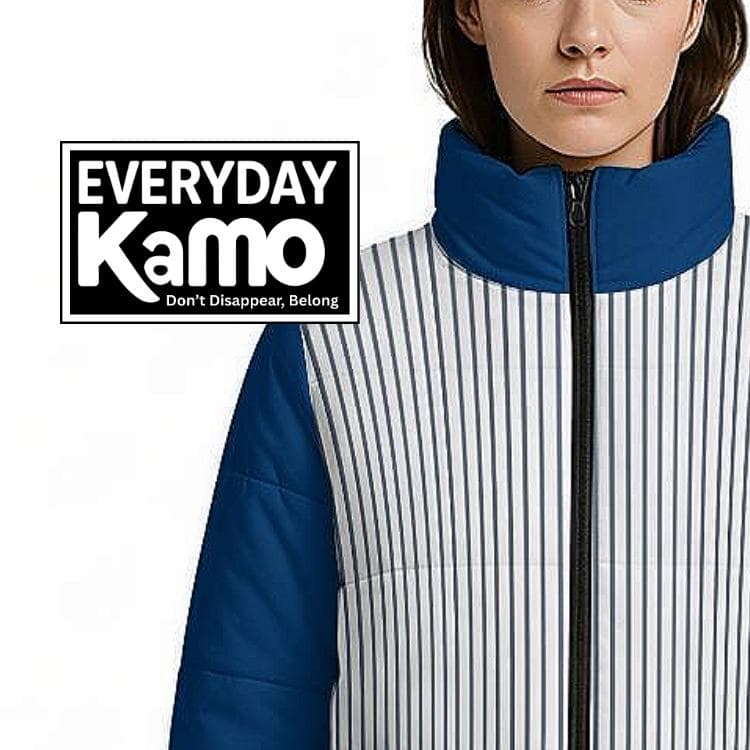 Chic Striped & Blue Puffer Jacket | Lightweight Women's Padded Winter Coat | Stylish Stand-Up Collar Outerwear