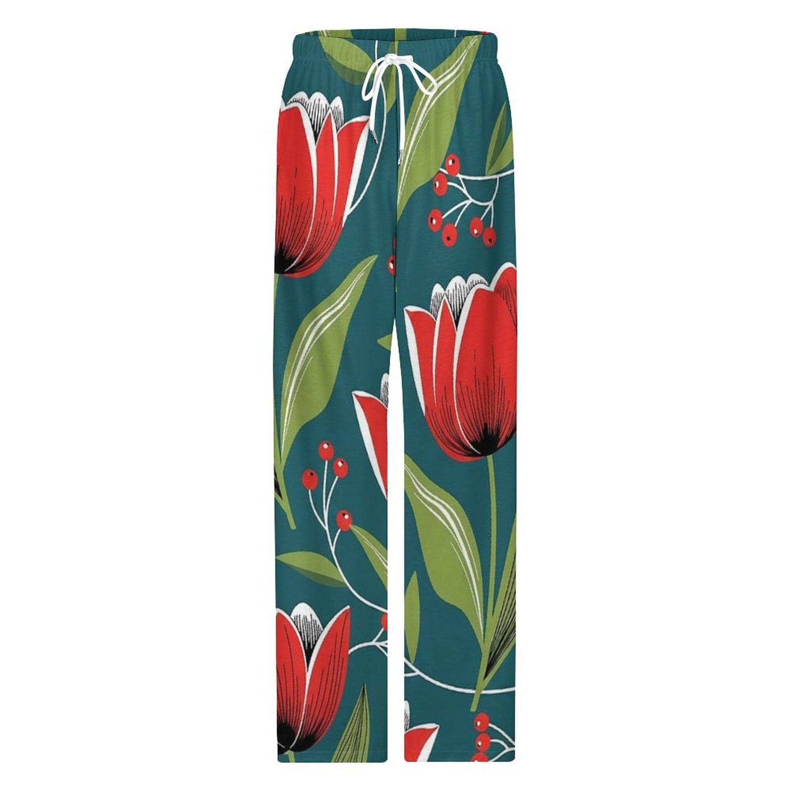 Vibrant Red Tulip Cotton Pajama Pants for Women | Soft Floral Wide Leg Lounge Wear | Breathable Sleep PJs | Cozy Gift
