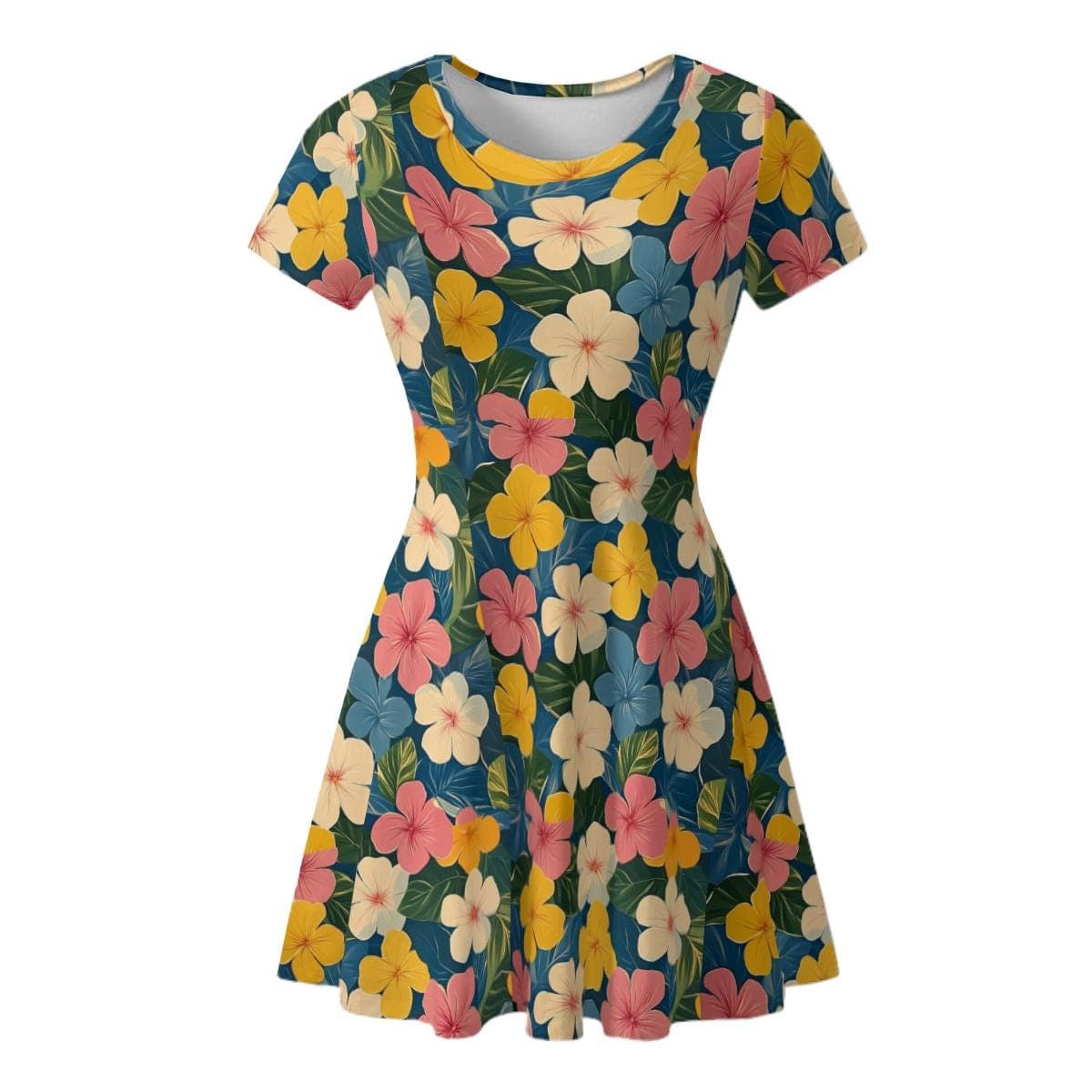 Tropical Bloom Flowy Mini Dress | Women's Short Sleeve Floral Summer Dress | Hawaiian Vacation Beach Cover-Up | Casual Everyday Sundress