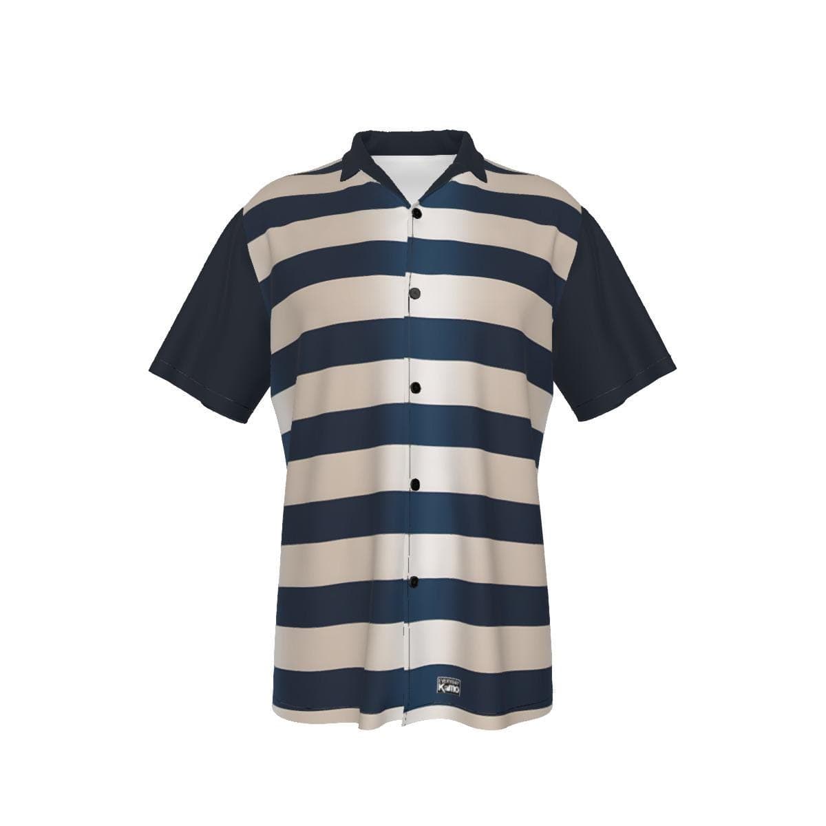Men's Classic Striped Hawaiian Shirt with Roman Collar | Navy & Cream Summer Beach Button Up | Breathable Poly-Spandex