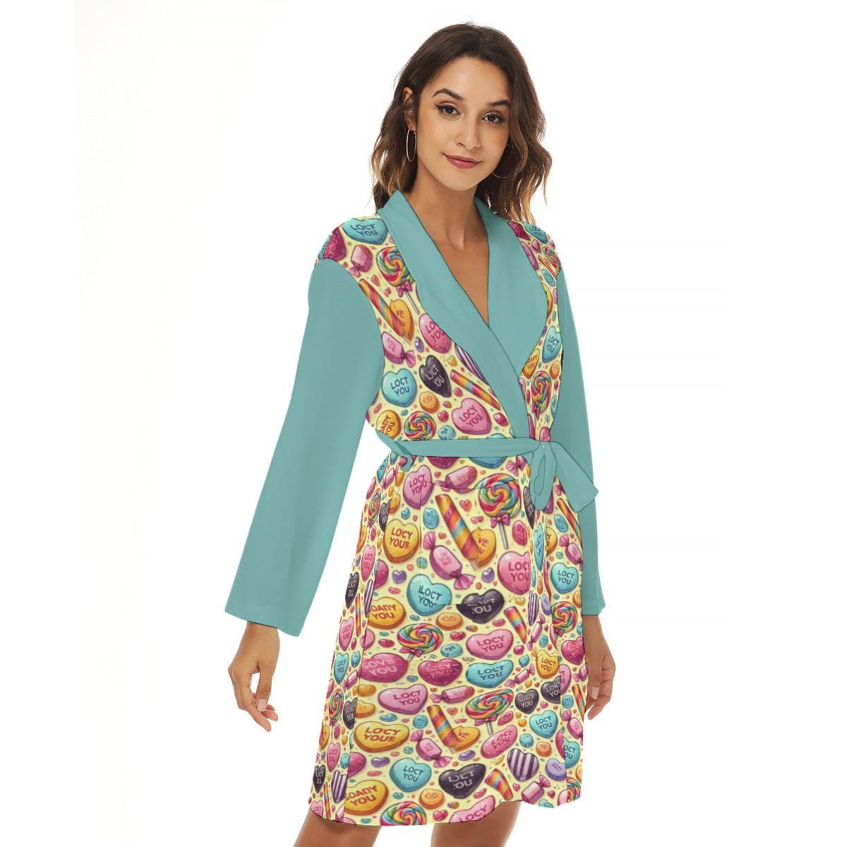 Sweet Candy Heart Robe | Women's Colorful Lounge Kimono with Pockets | Jersey Bathrobe Gift