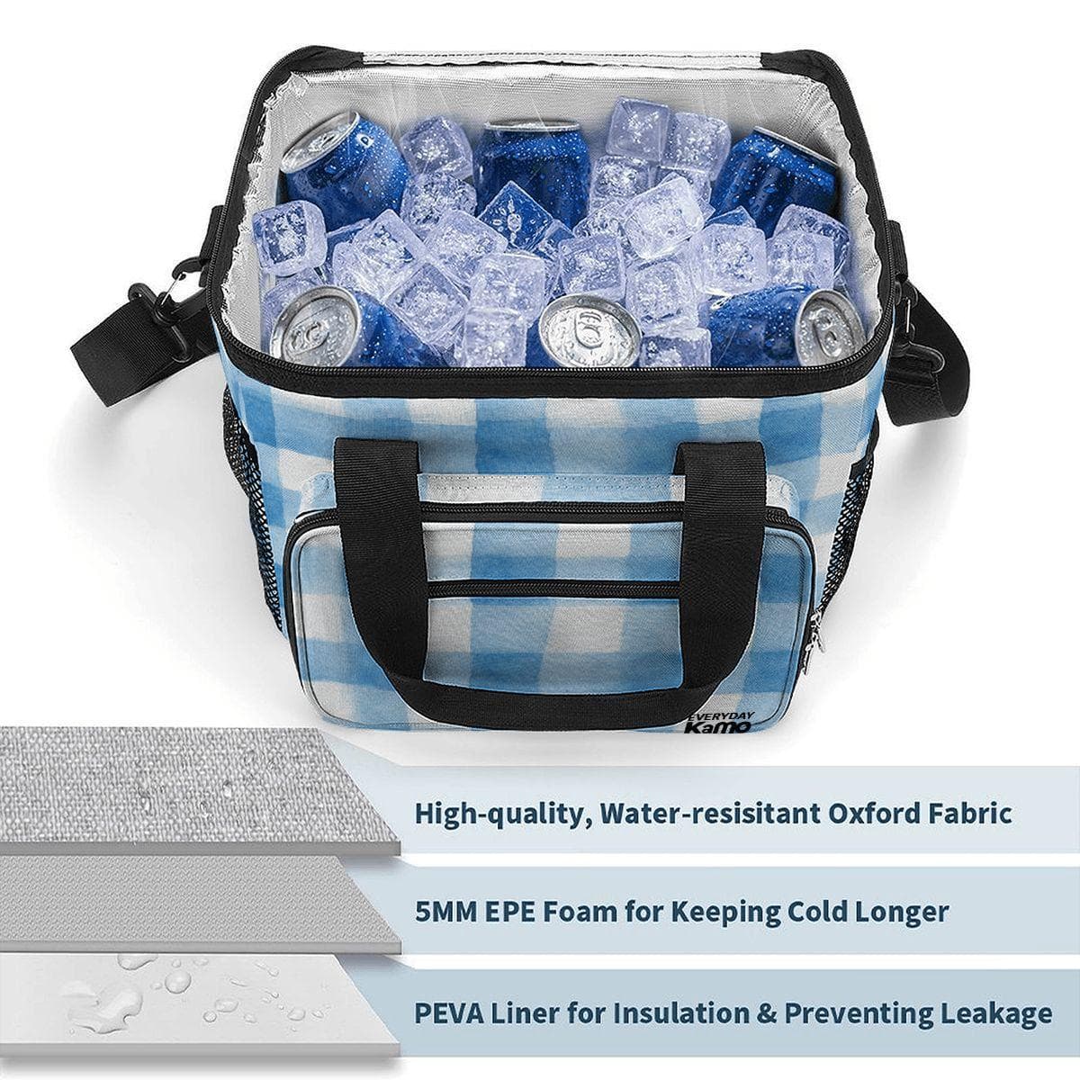 Blue Gingham Insulated Cooler Bag | Leakproof Lunch Tote | Oxford Fabric