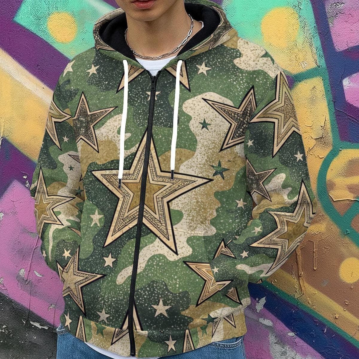 Star Camo Full-Zip Hoodie | Edgy Camouflage & Stars Jacket