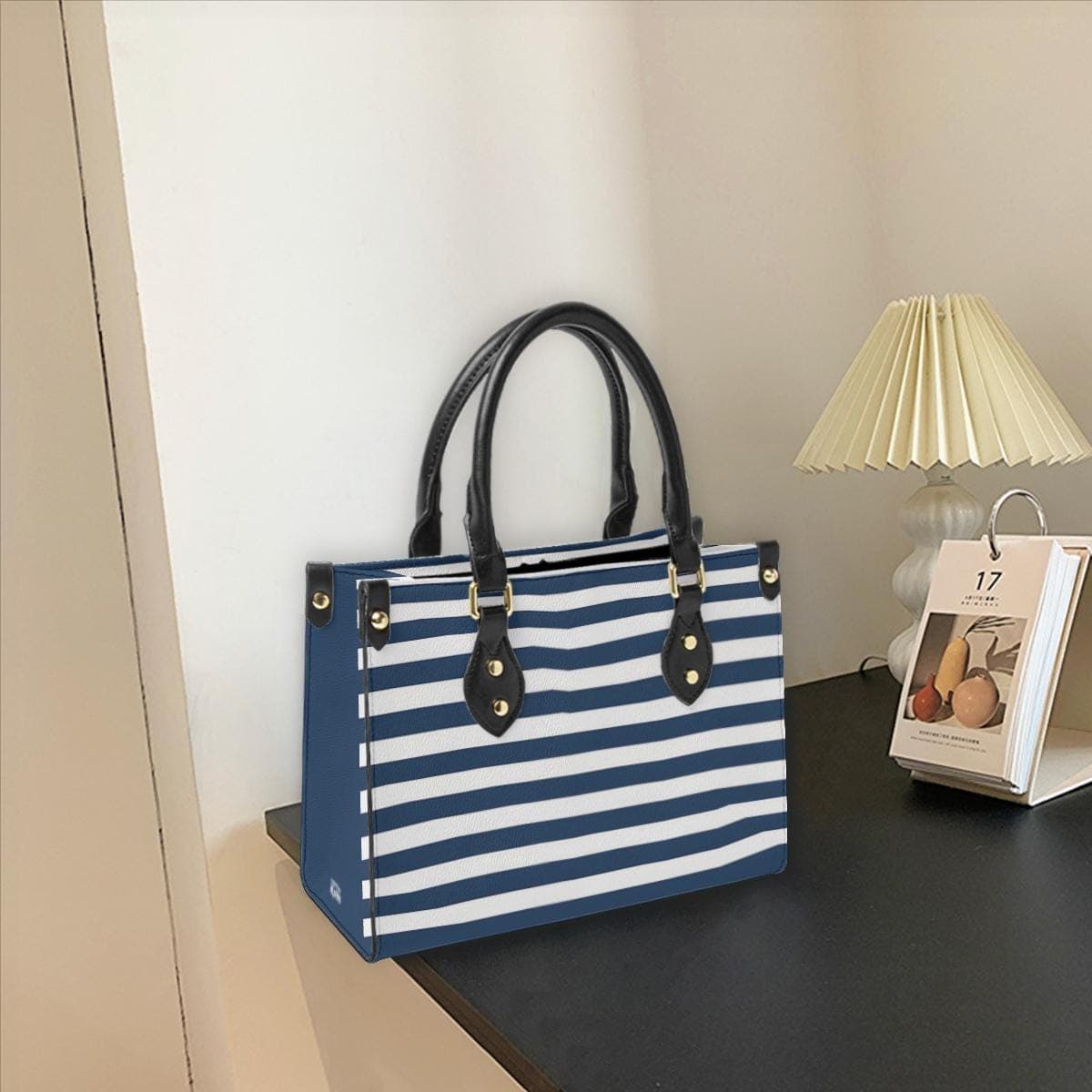 Chic Navy & White Stripe Leather Tote Bag | Double-Sided Custom Print