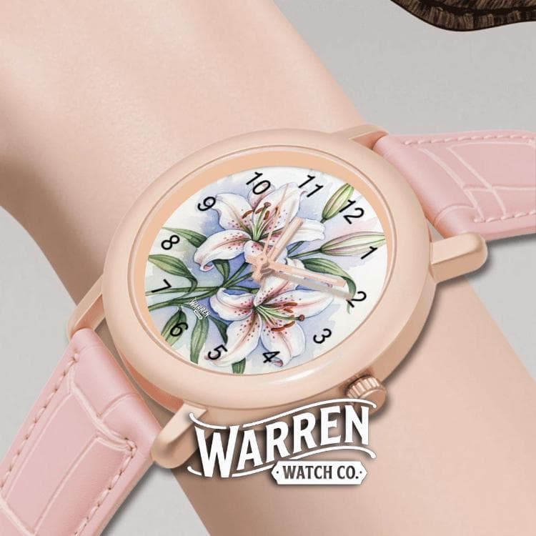 Warren Watch Co. Pink Lily Floral Watch | Alloy Case & Leather Strap
