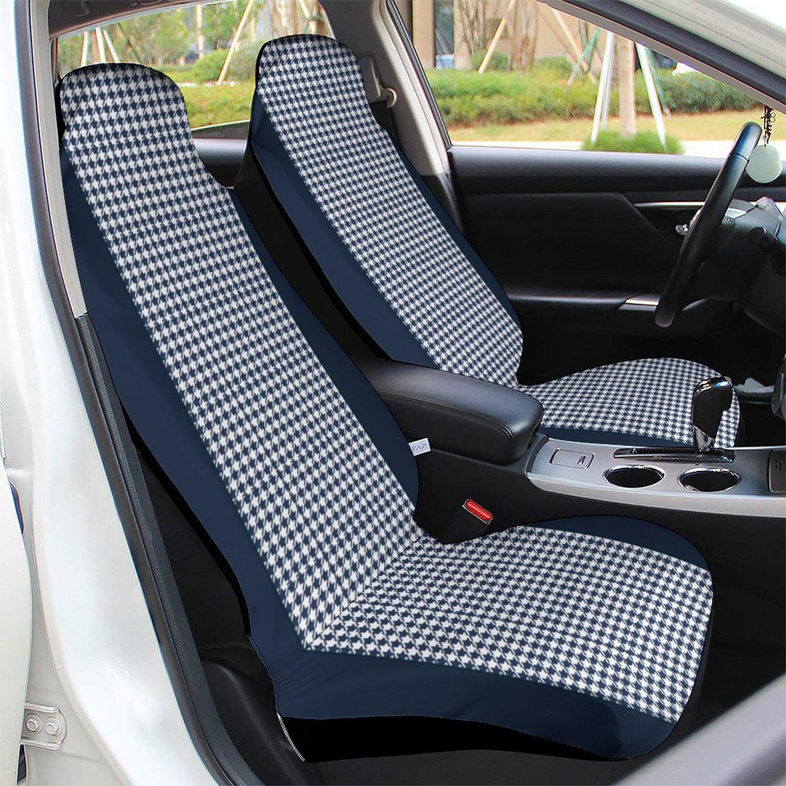 Navy Houndstooth Car Seat Protector, Universal Fit Auto Cover, Durable Polyester Sponge Seat Shield, Stylish Vehicle Interior Accent