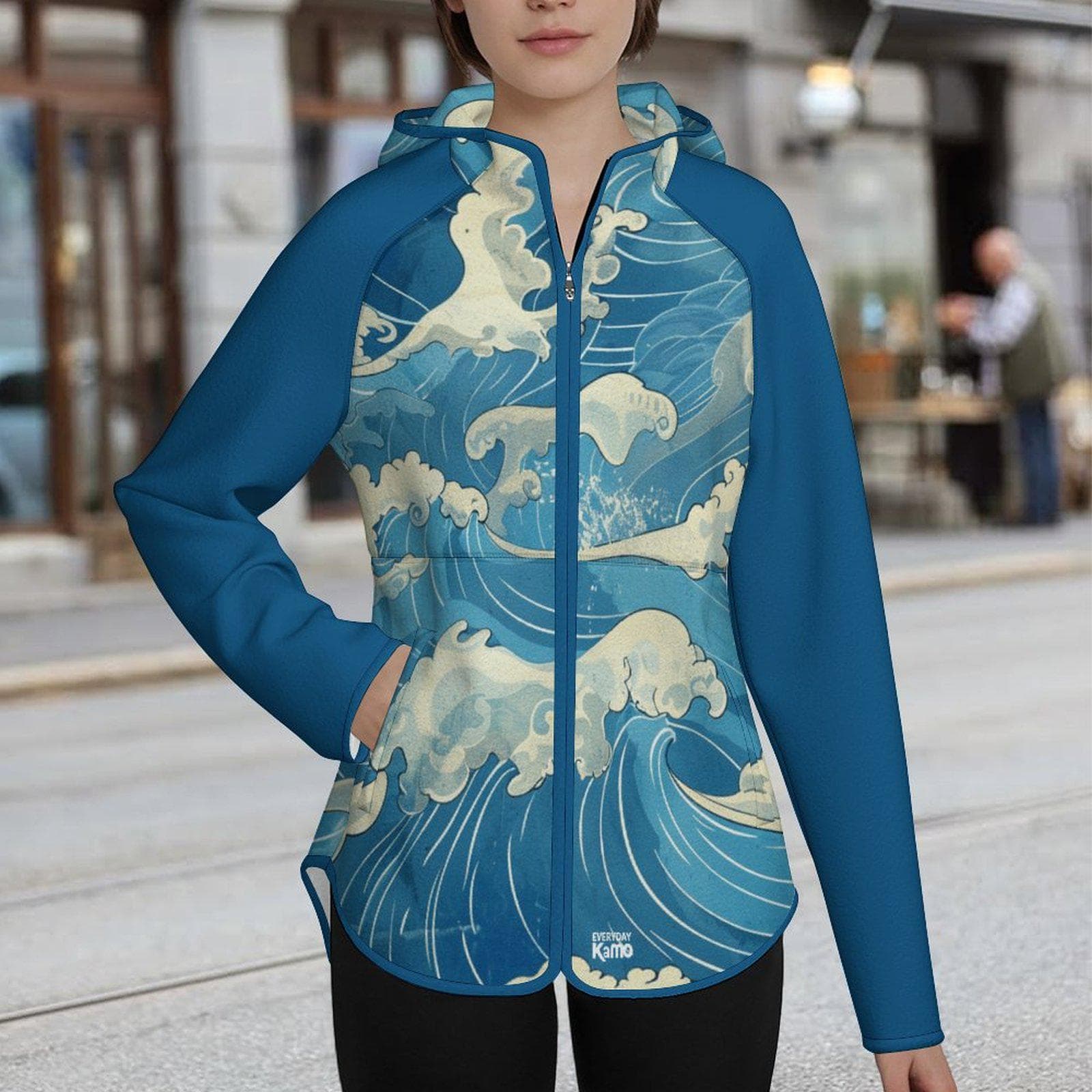 Everyday Kamo Great Wave Full-Zip Fleece Hoodie | Japanese Art Ocean Print Slim-Fit Jacket | Cozy Warm Zip Up Outerwear