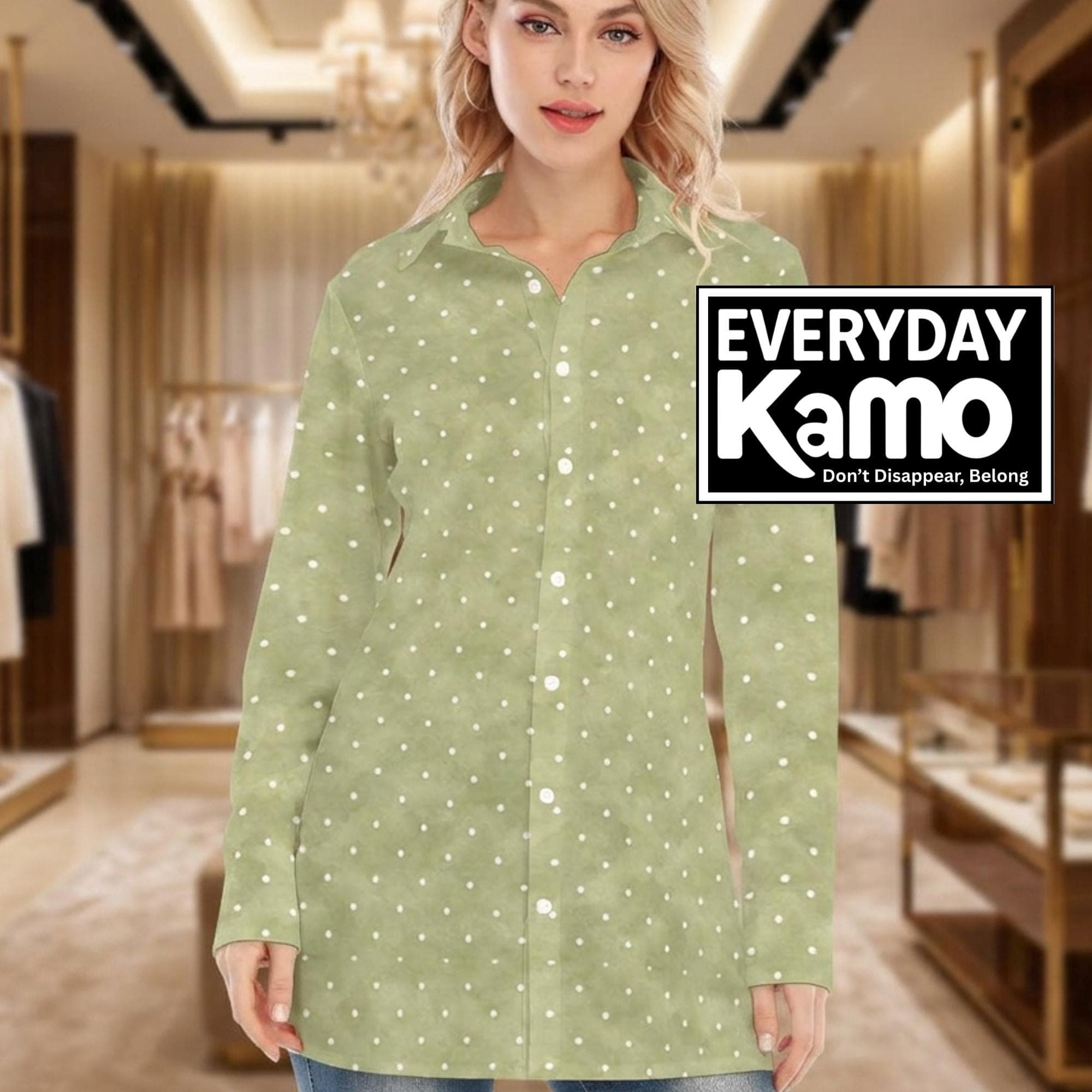 Sage Green Polka Dot Cotton Stretch Tunic Shirt Women's Button Down Top
