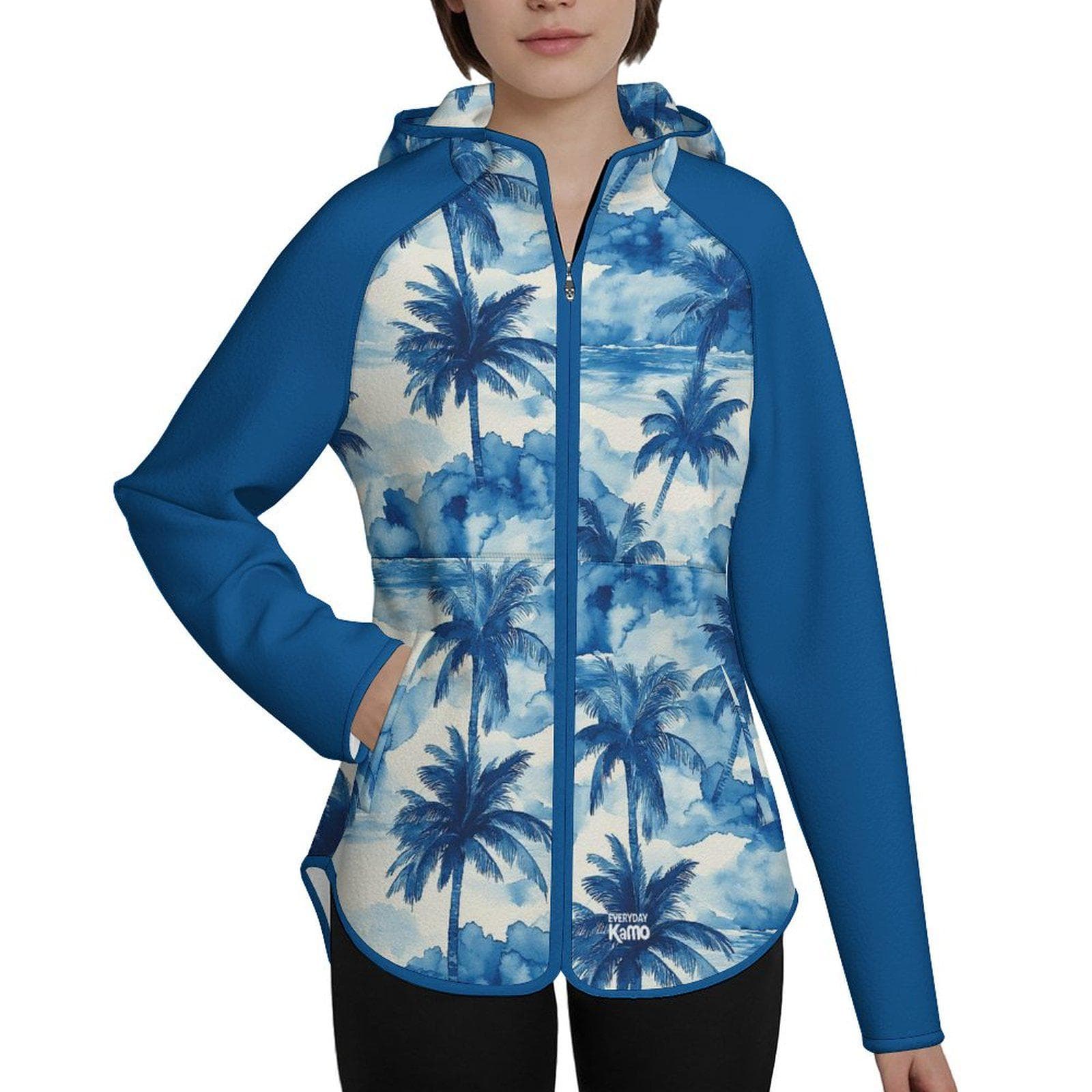 Everyday Kamo Tropical Palm Tree Zip-Up Hoodie | Women's Slim-Fit Polar Fleece Jacket | Beach Vacation Resort Wear