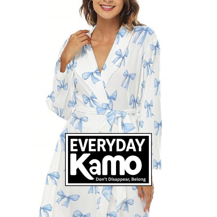 Blue Bow Print Jersey Robe | Women's Loungewear with Pockets
