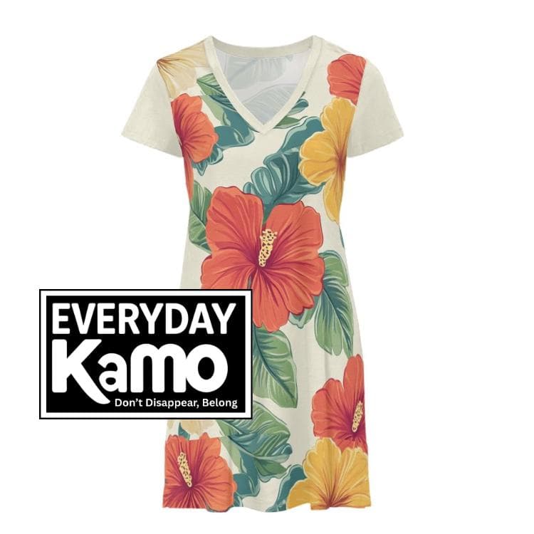 Everyday Kamo | Tropical Hibiscus V-Neck Dress | Short Sleeve Floral Mini Dress | Silky Milk Silk Resort Wear | Summer Vacation Casual