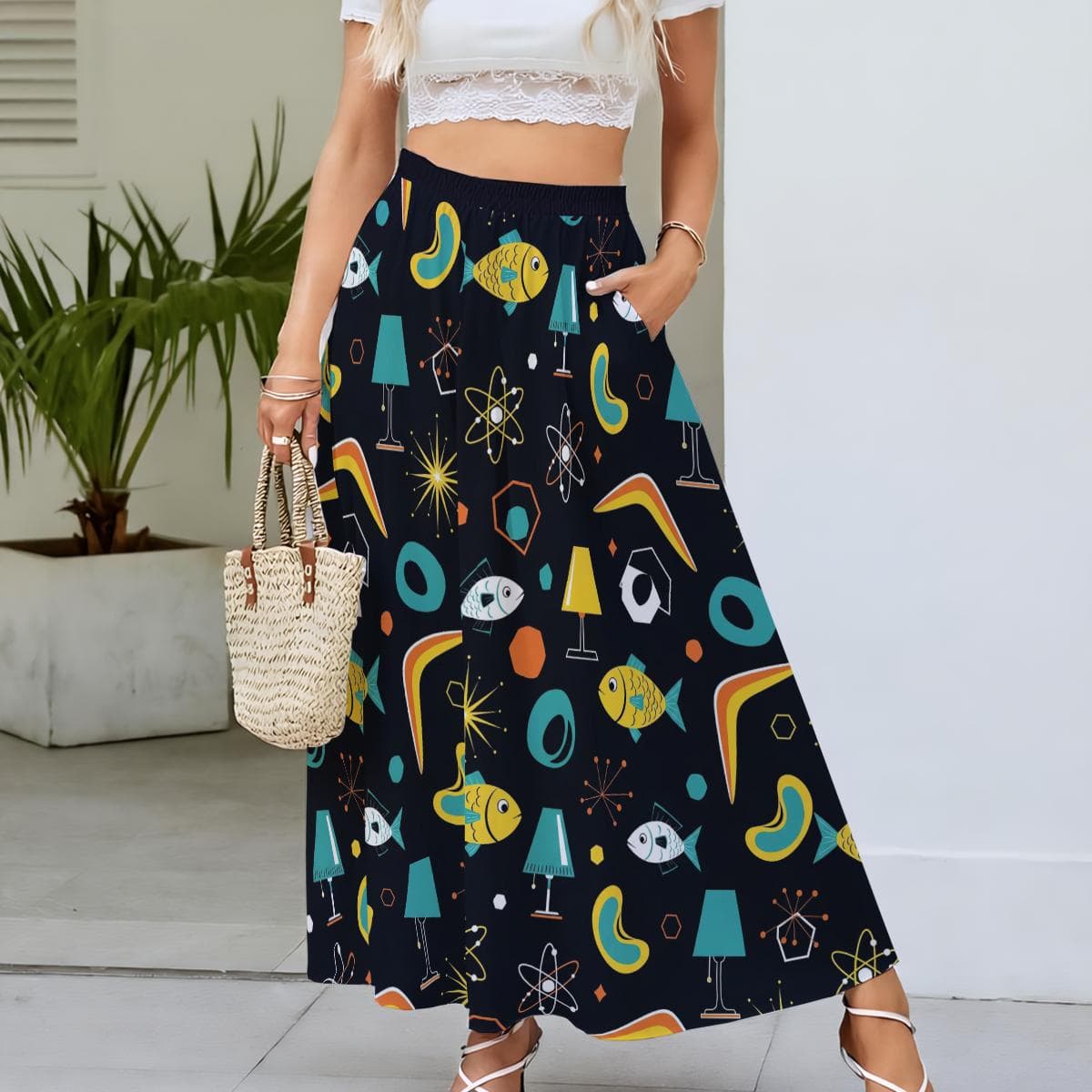 Atomic Fish Maxi Skirt | Retro Mid-Century Modern Print | Elastic Waist