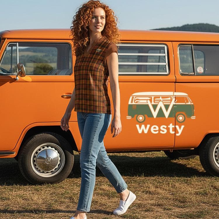 Westy Camper Van Plaid V-Neck Top - Road Trip Adventure Shirt
