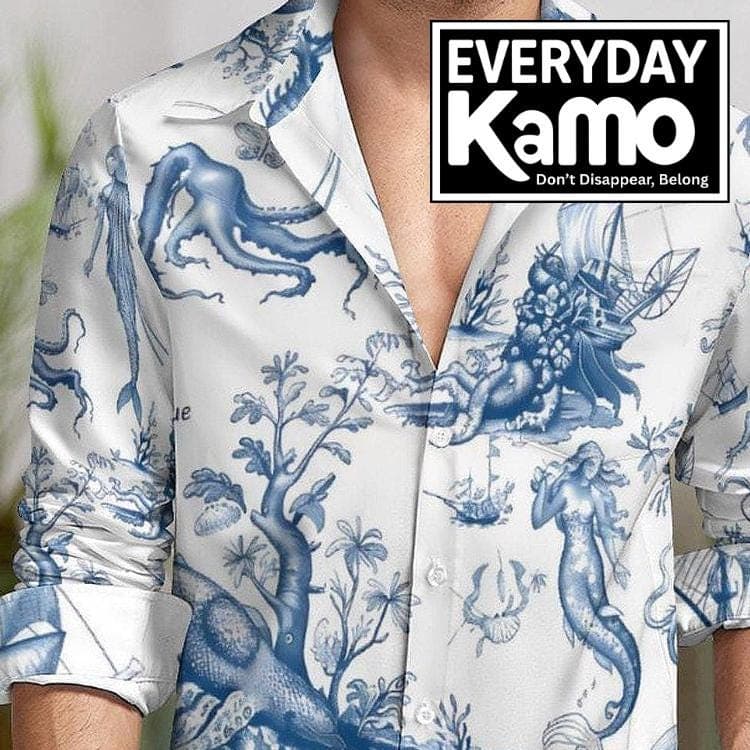 Men's Vintage Ocean Toile Long-Sleeve Shirt | Nautical Mythology Print V-Neck Button Up | Mermaids & Octopus Casual Top