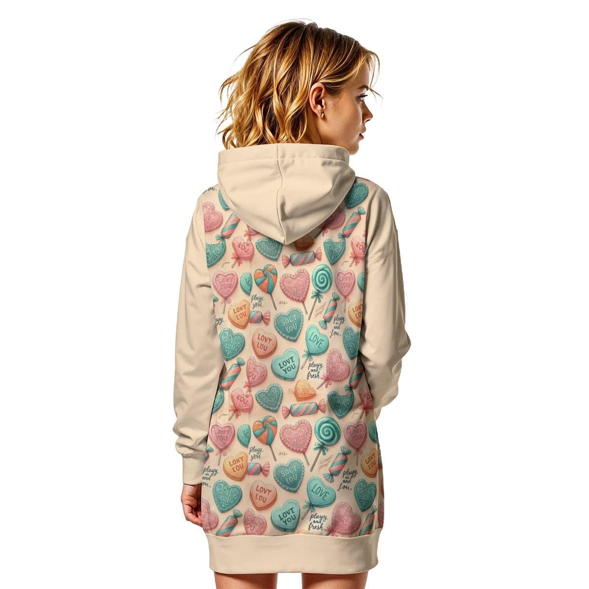 Sweetheart Candy Heart Hoodie Dress - Cozy Fur-Lined & Playful Pattern