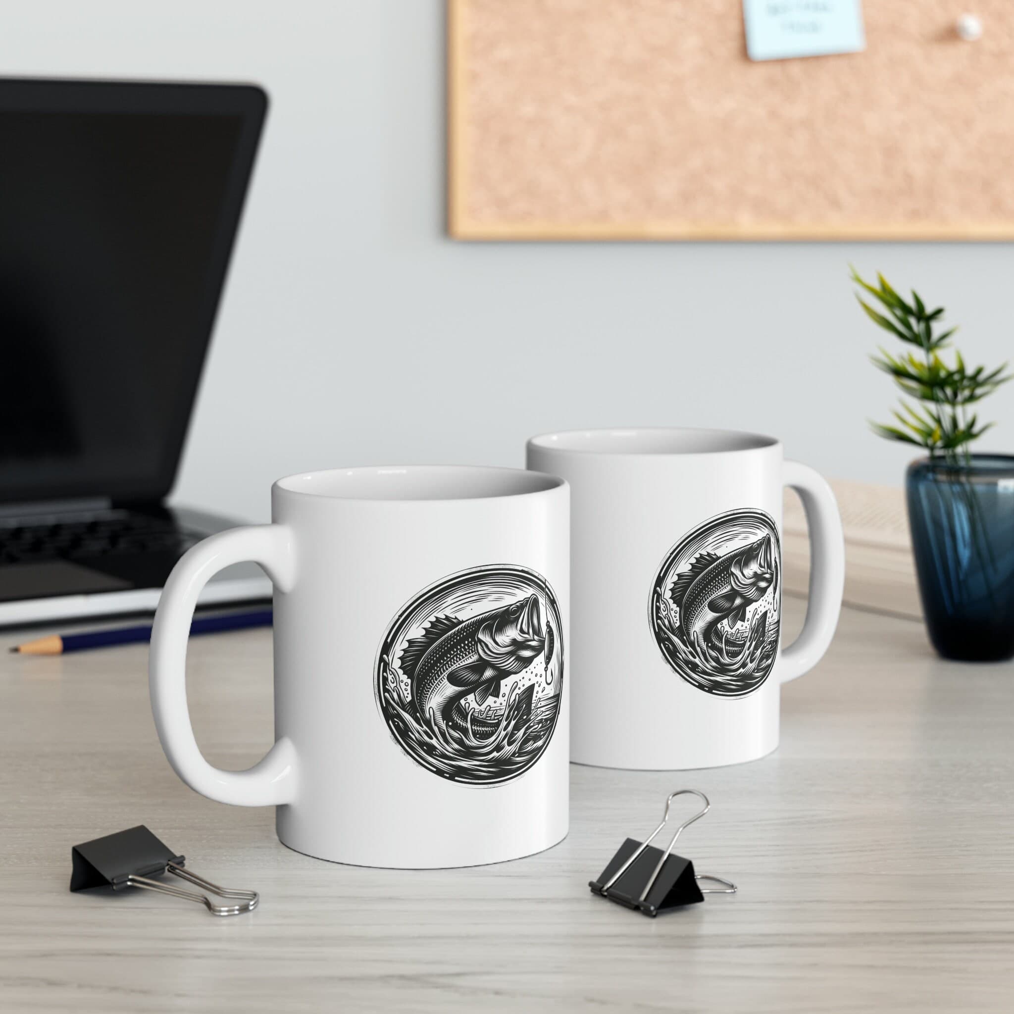 Fishing Ceramic Mug 11oz Bass Woodcut Art Coffee Cup Angler Gift