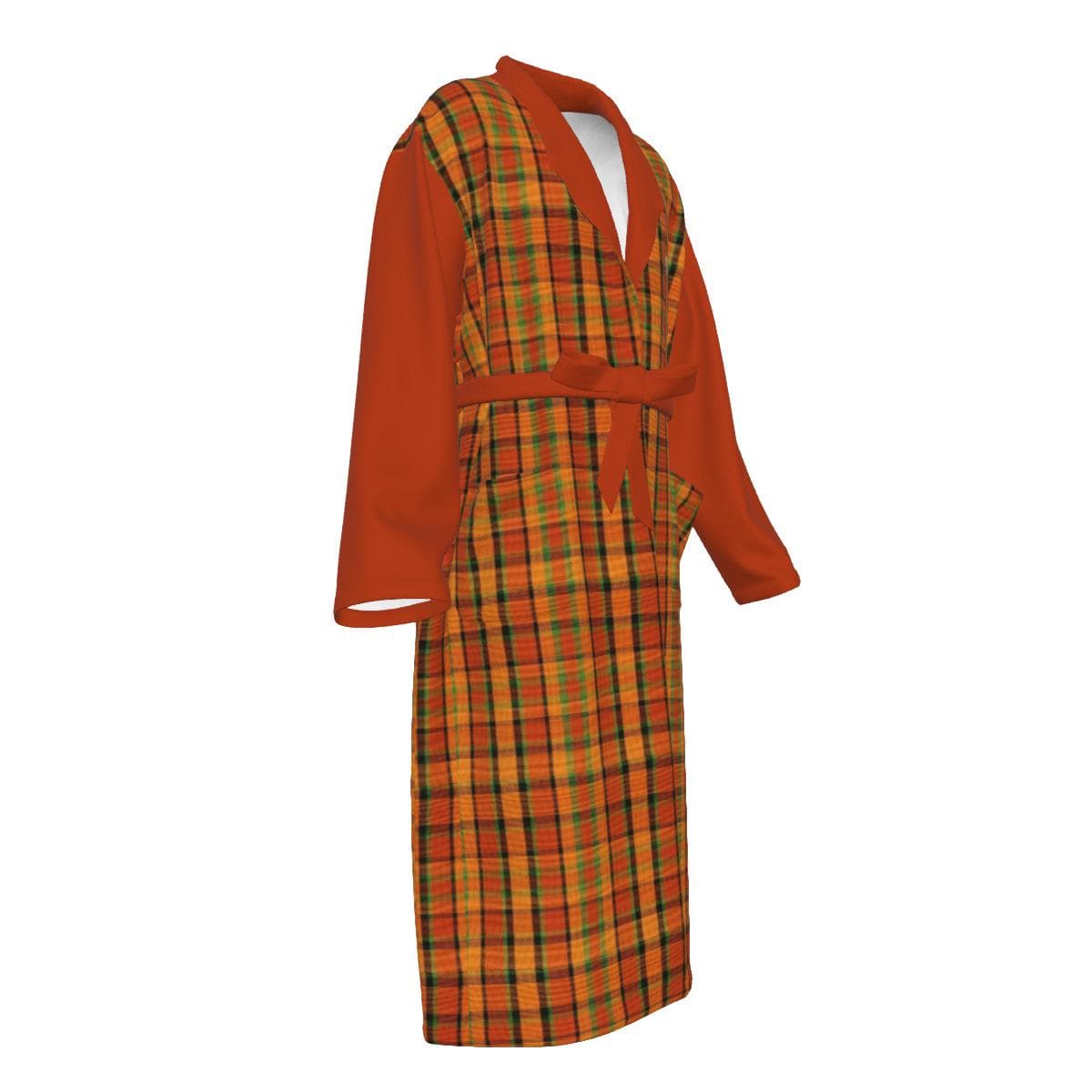 Orange Plaid Jersey Robe | Unisex Loungewear with Pockets