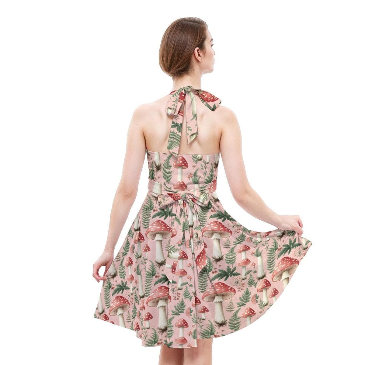Mushroom & Fern Halter Skater Dress, Cottagecore Aesthetic A-Line Flare, Cute Botanical Milk Silk, Unique Women's Summer Style