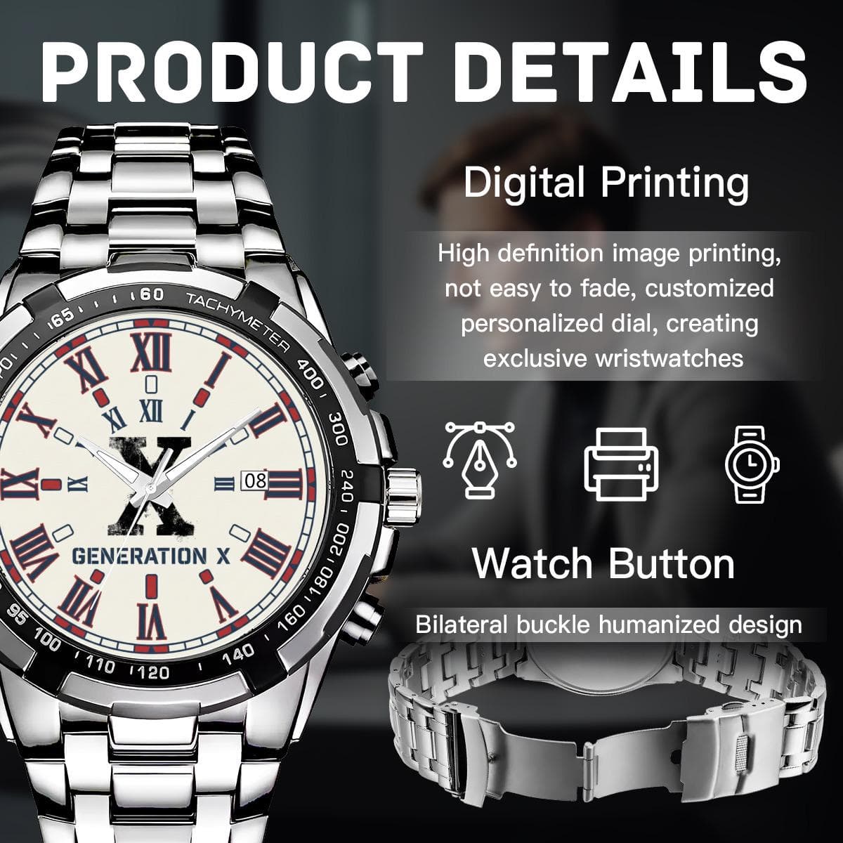 Warren Watch Co. Generation X Metal Chronograph Watch with Crystal Mirror & Calendar