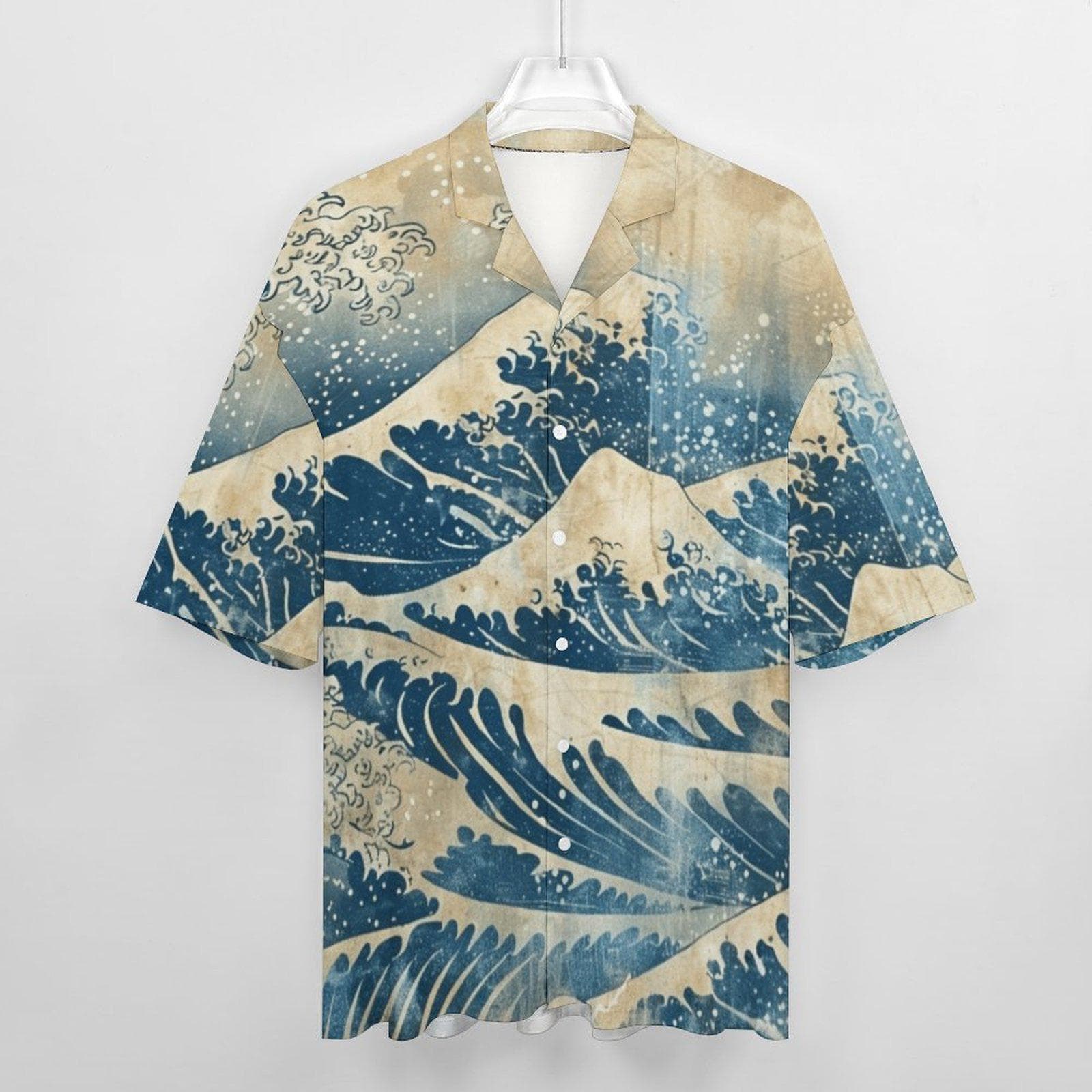 Japanese Great Wave Cuban Collar Shirt - Men's Cotton Short Sleeve Hokusai Art Print Button Up - Hawaiian Style Summer Beach Top