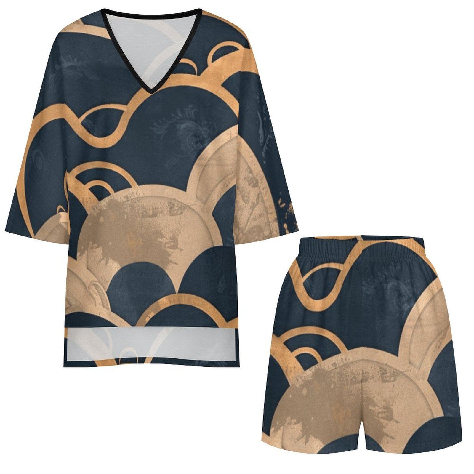 Chic Mediterranean V-Neck Slub Linen Shorts Set | Abstract Geometric Batwing Loungewear