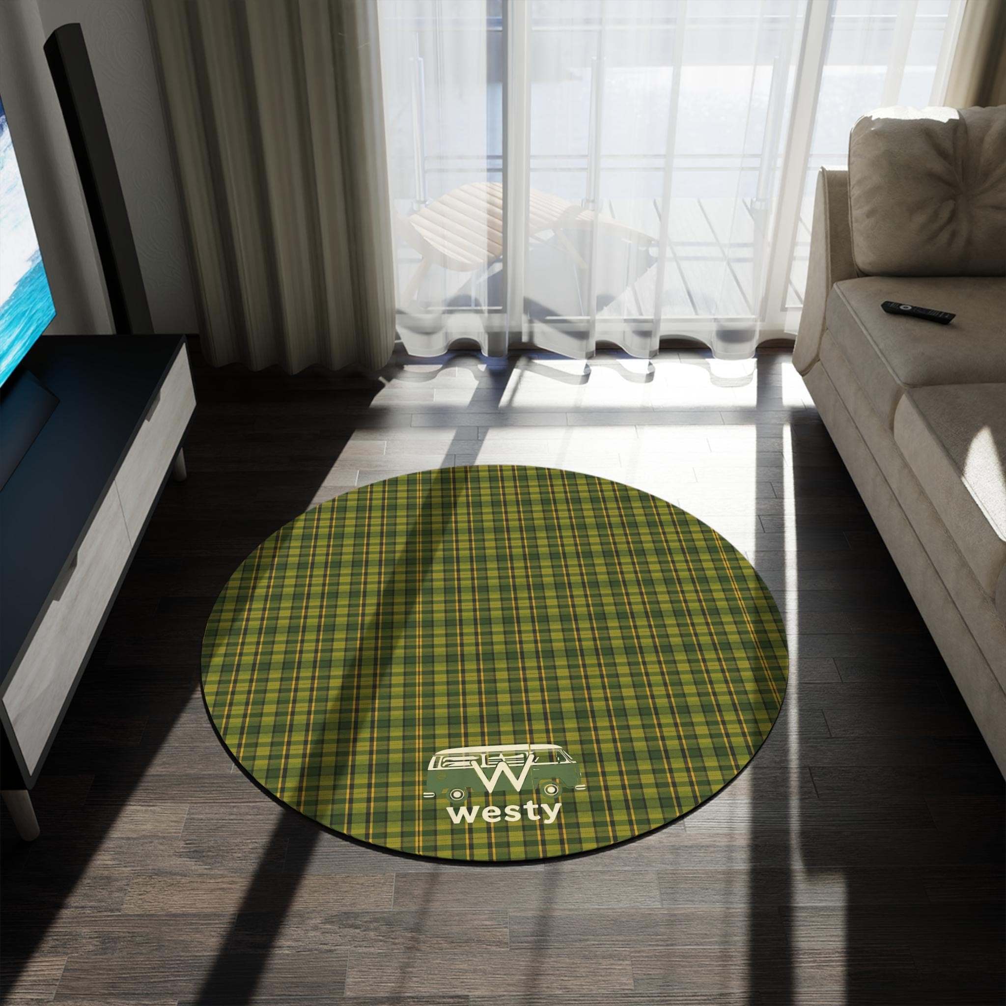 Green Plaid Westy Camper Round Rug | Retro Campervan Floor Mat