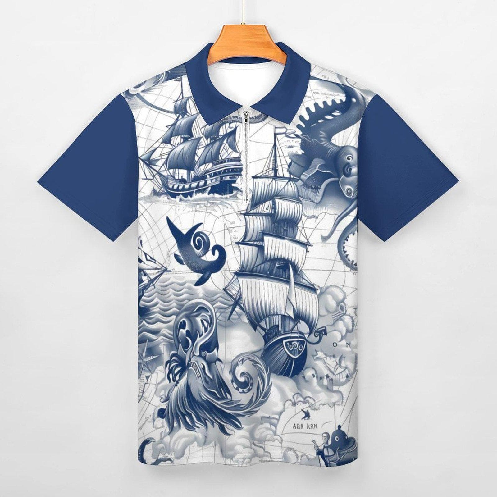 Men's Nautical Kraken Polo | Blue Ship Print Zip Shirt