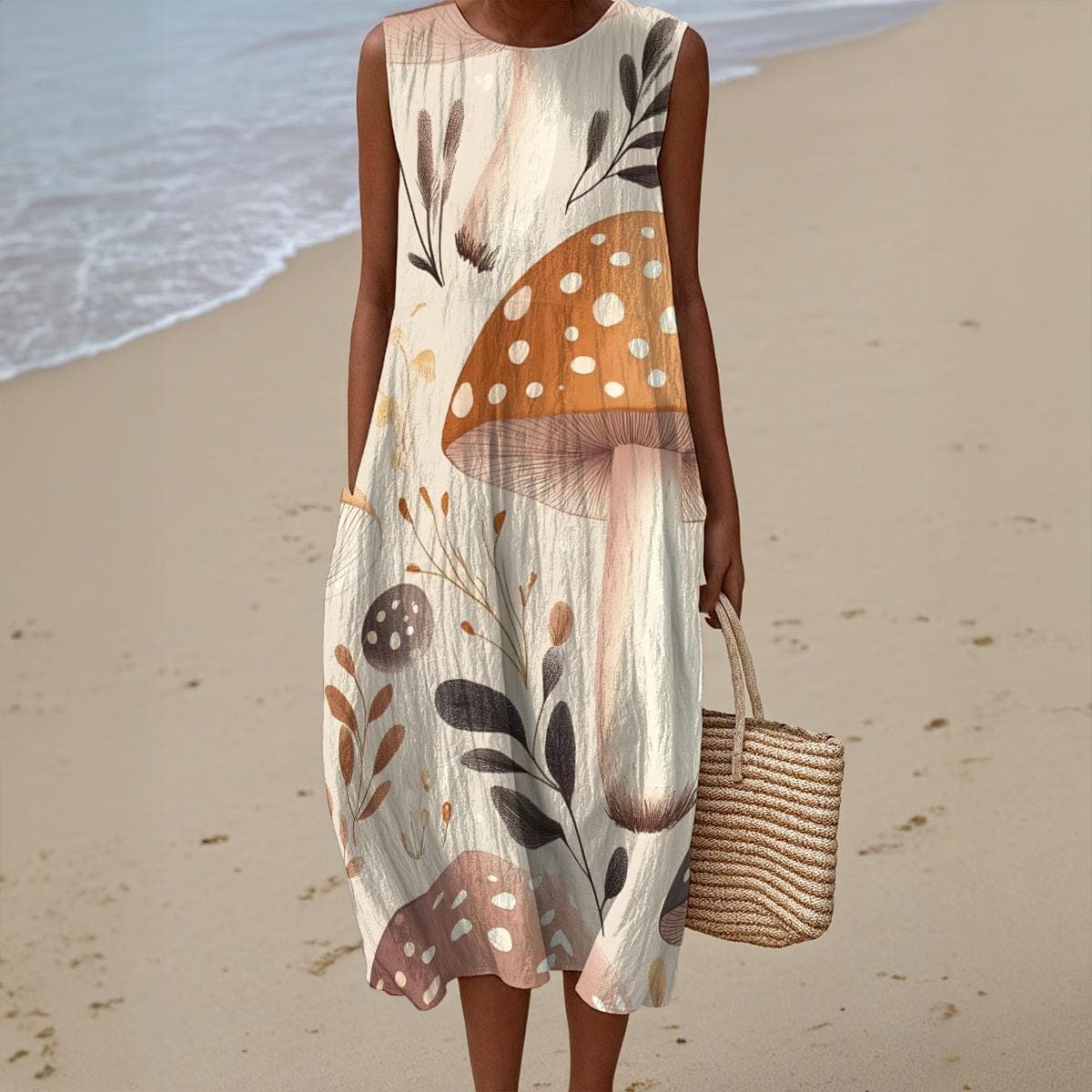 Cotton Slub A-Line Summer Dress | Sleeveless Crew Neck Botanical Print