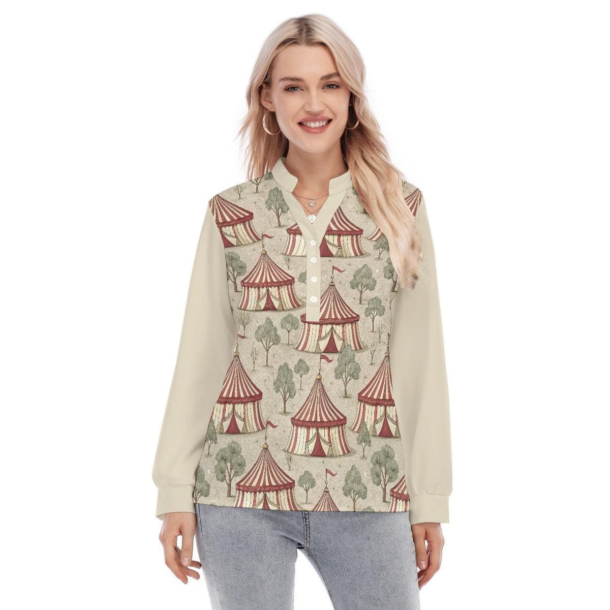 Whimsical Circus Tent Blouse | Vintage-Inspired Long Sleeve Button-Up Top | Unique Festival Everyday Tunic