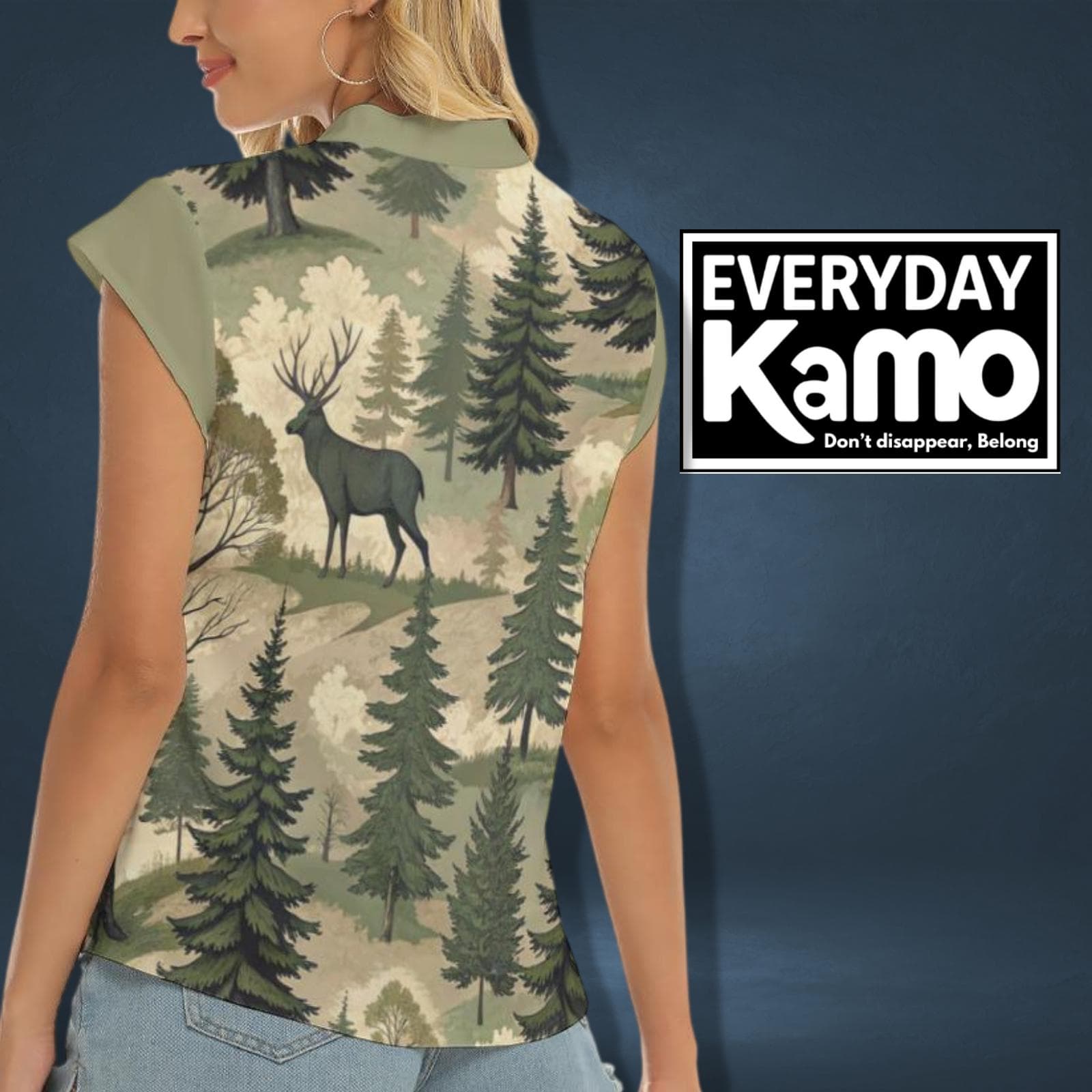 Majestic Deer Forest V-Neck Top - Everyday Kamo Eclectic Nature Print Shirt