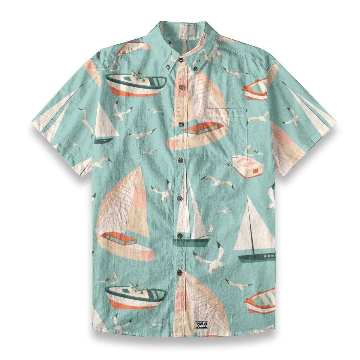 Men's Nautical Sailboat Shirt - Slub Cotton Short Sleeve Button-Down