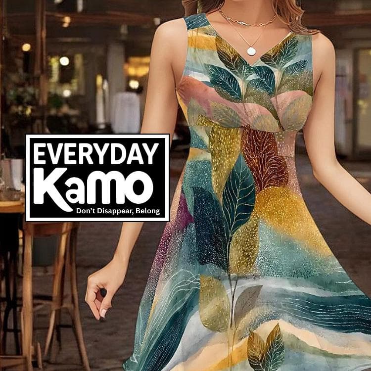 Everyday Kamo Abstract V-Neck Dress, Modern Summer Outfit. 180g Milk Silk Fabric