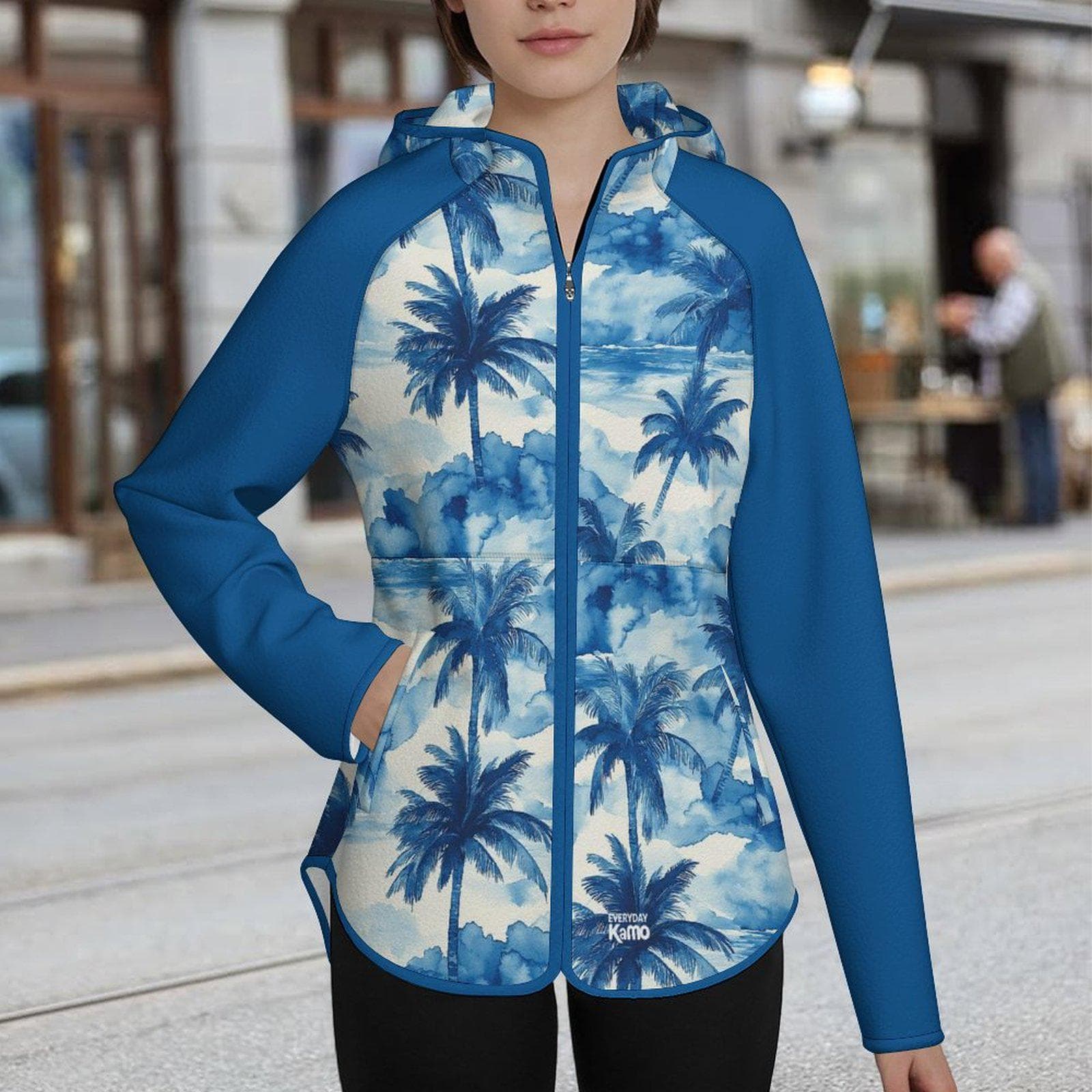 Everyday Kamo Tropical Palm Tree Zip-Up Hoodie | Women's Slim-Fit Polar Fleece Jacket | Beach Vacation Resort Wear