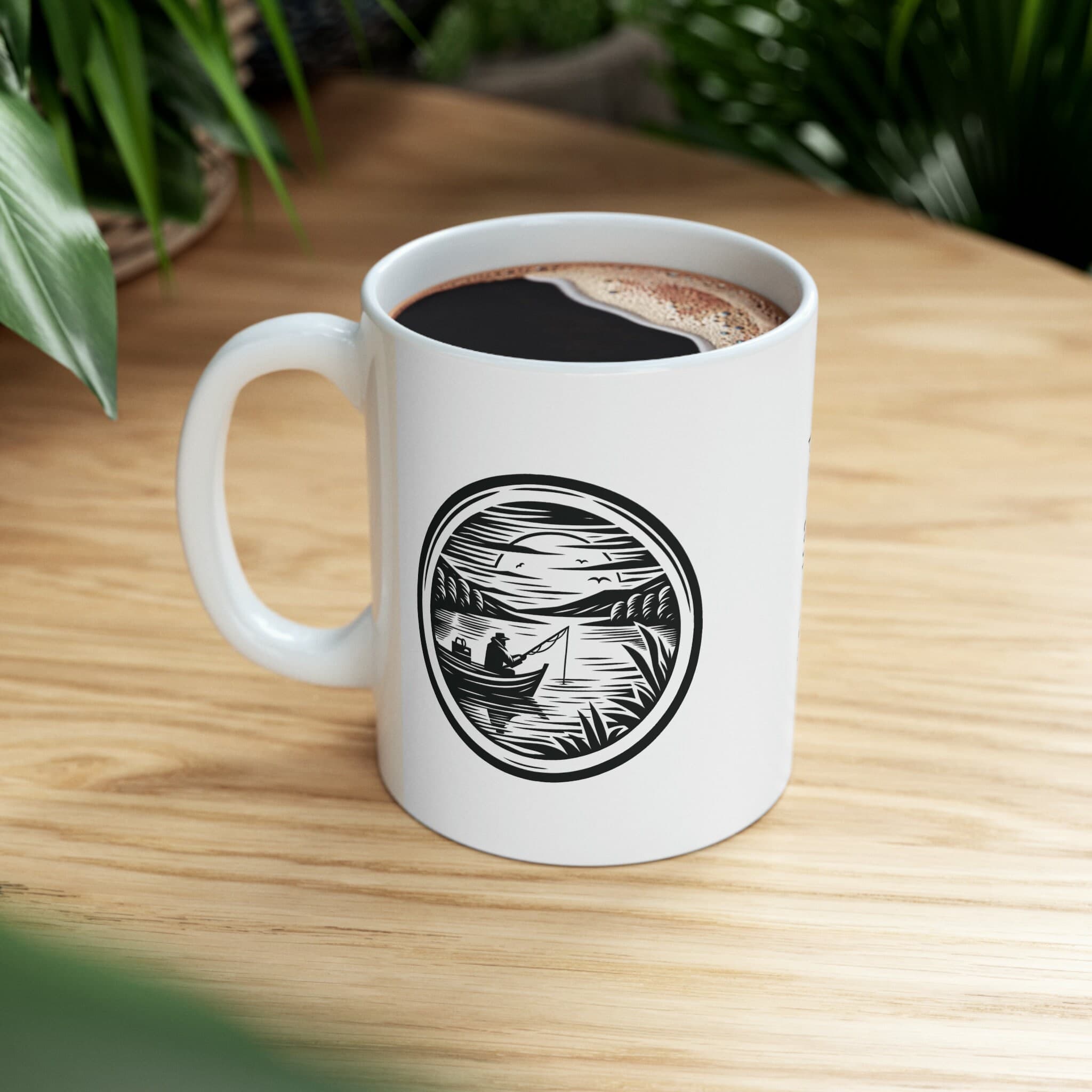 Fishing Ceramic Mug 11oz | Woodcut Bass Design Coffee Cup Gift