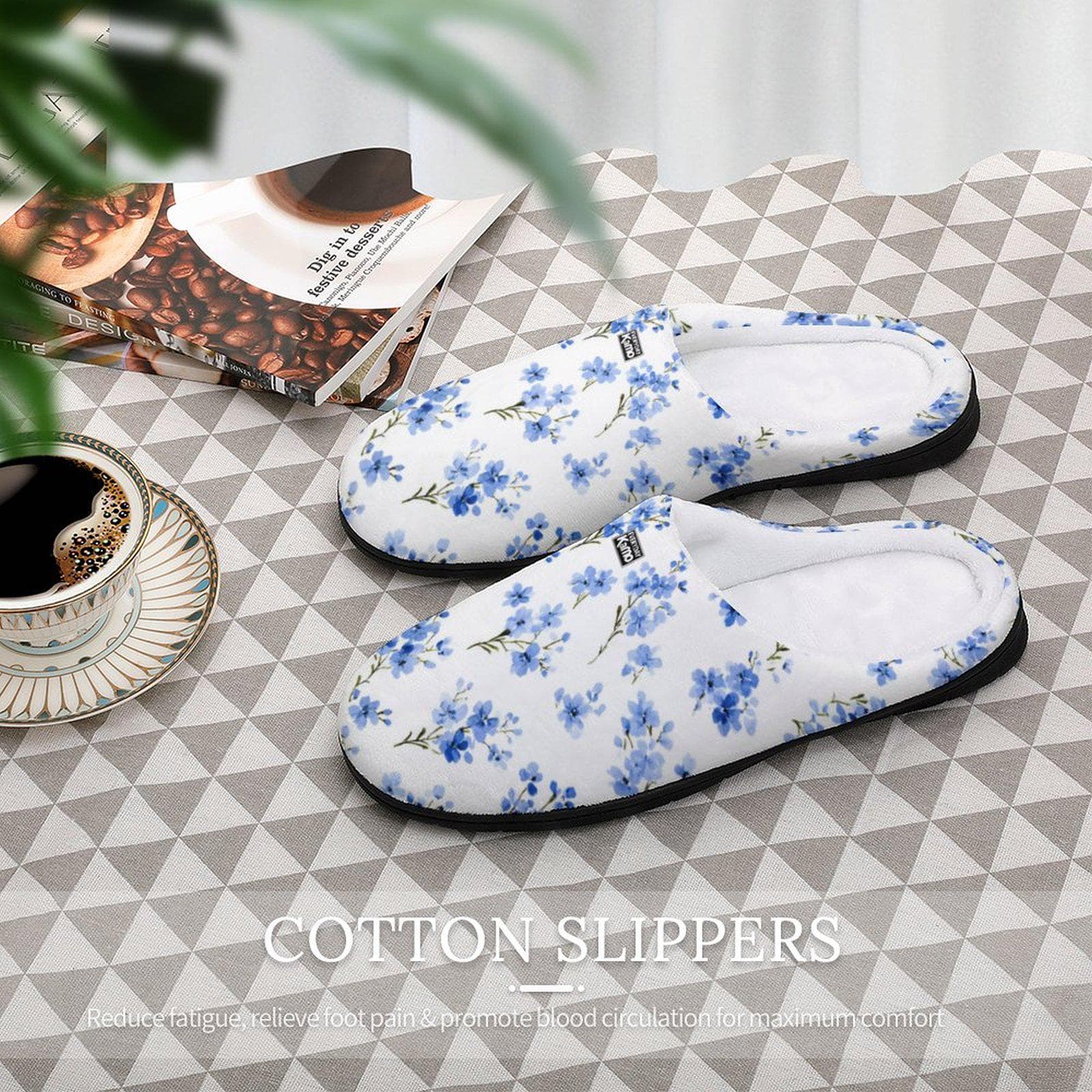 Everyday Kamo Blue Blossom Cotton Slippers - Cozy Floral House Shoes with Anti-Skid Sole, Perfect Gift for Her