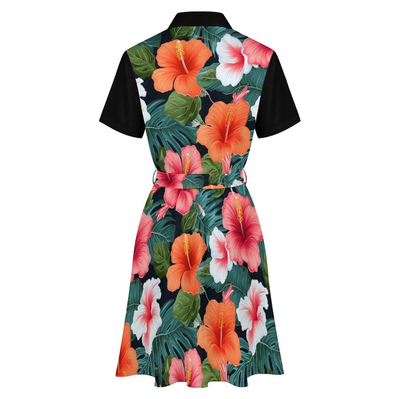Tropical Hibiscus Shirt Dress | Women's Floral Button Down Collared Sundress with Tie Belt | Vibrant Summer Beach Vacation Resort Wear