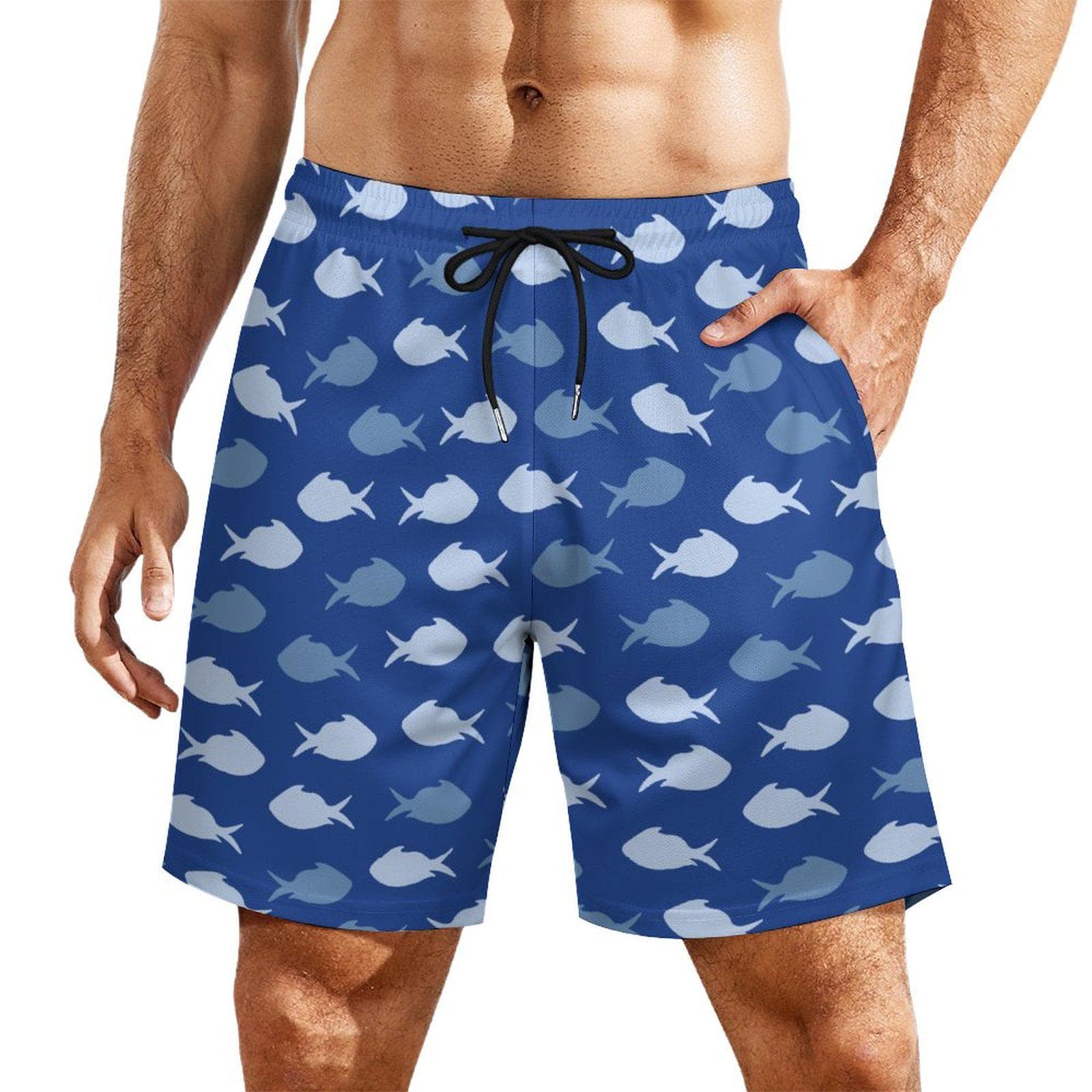 Men's Blue Fish Pattern Swim Trunks | Quick Dry Beach Shorts with 4 Pockets