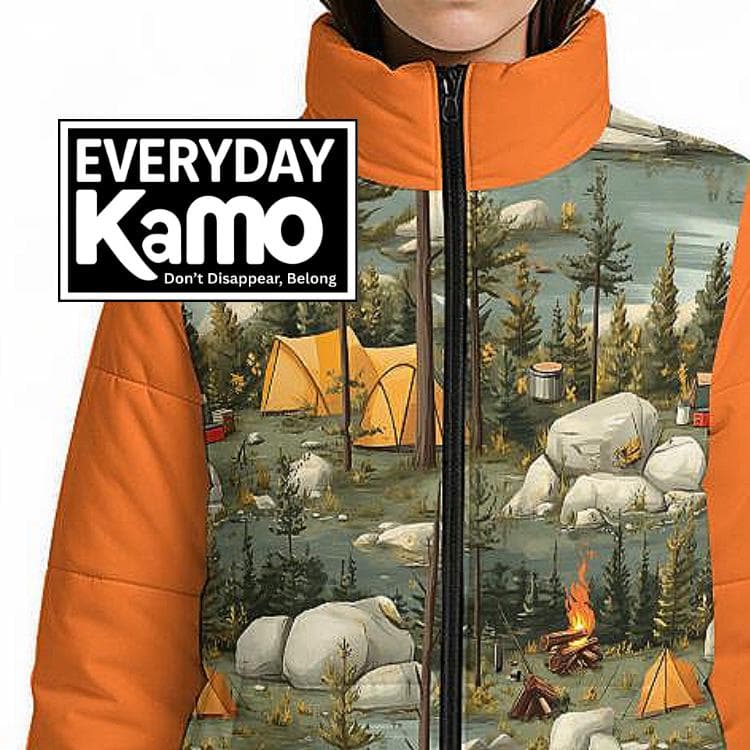 Forest Camping Puffer Jacket, Nature Scene Padded Coat, Outdoor Adventure Gear, Whimsical Campfire Print