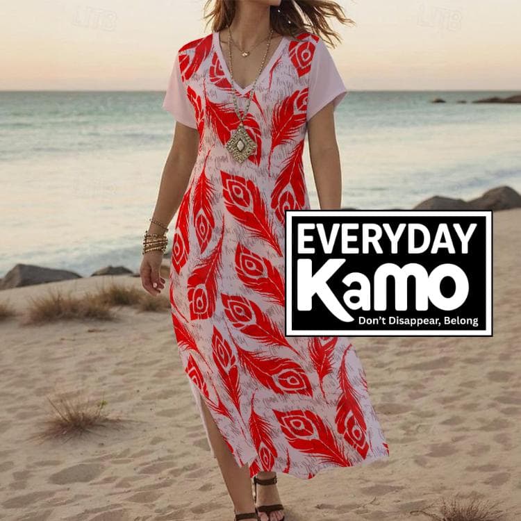 Boho Feather Print Maxi Dress | V-Neck Beach Cover Up | Soft Jersey Summer Dress with Side Slits