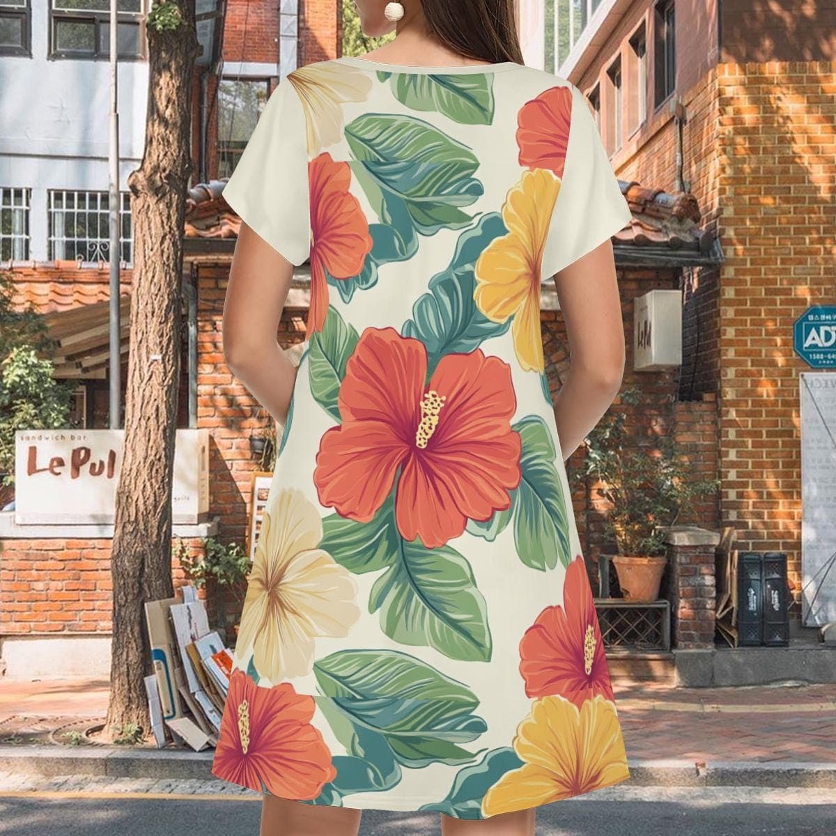 Everyday Kamo | Tropical Hibiscus V-Neck Dress | Short Sleeve Floral Mini Dress | Silky Milk Silk Resort Wear | Summer Vacation Casual