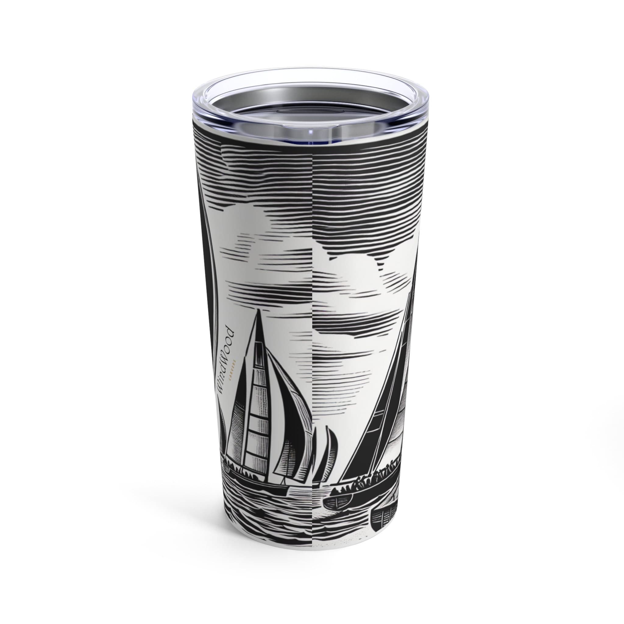 Sailboat Woodcut Tumbler 20oz | Black White Racing Design Stainless Steel