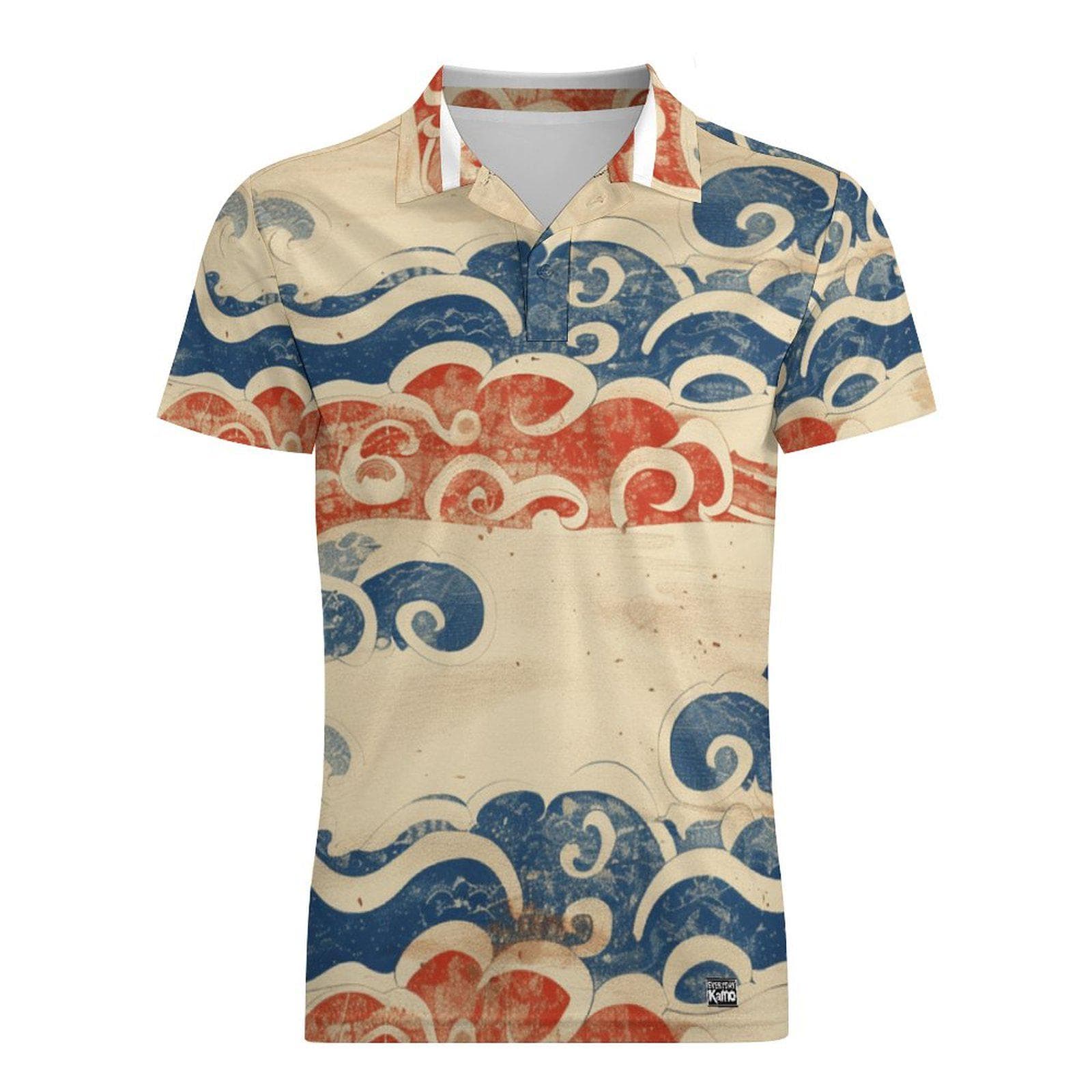 Everyday Kamo Men's Japanese Wave Cotton Polo Shirt - Stylish Distressed Ocean Print Short Sleeve Top