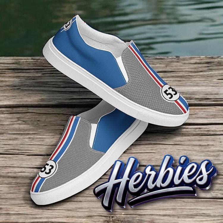 Herbie Blue Gray Canvas Slip-On Shoes | Handmade Racing Stripe Design