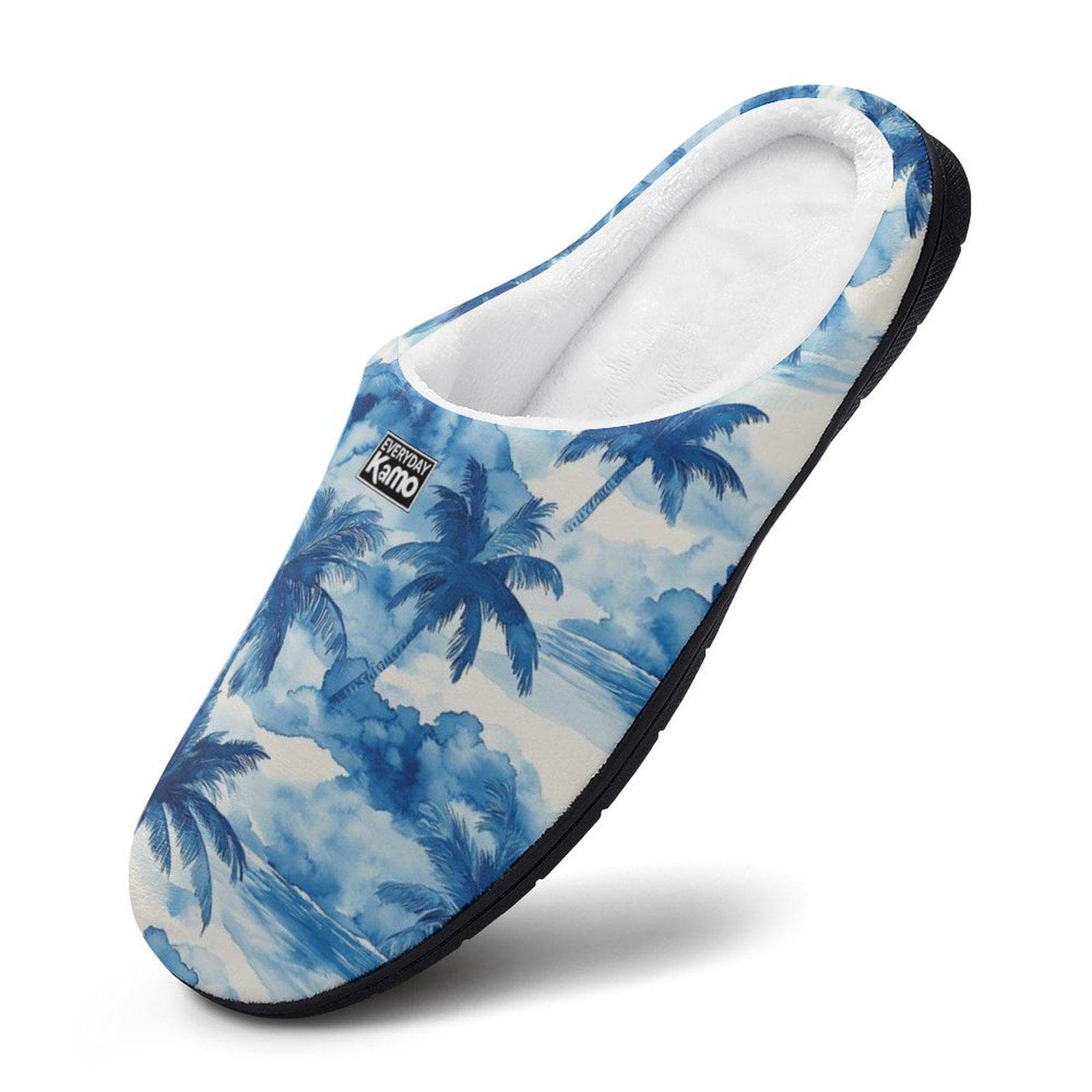 Everyday Kamo Tropical Palm Tree Slippers | Cozy Blue Watercolor Cotton House Shoes for Women