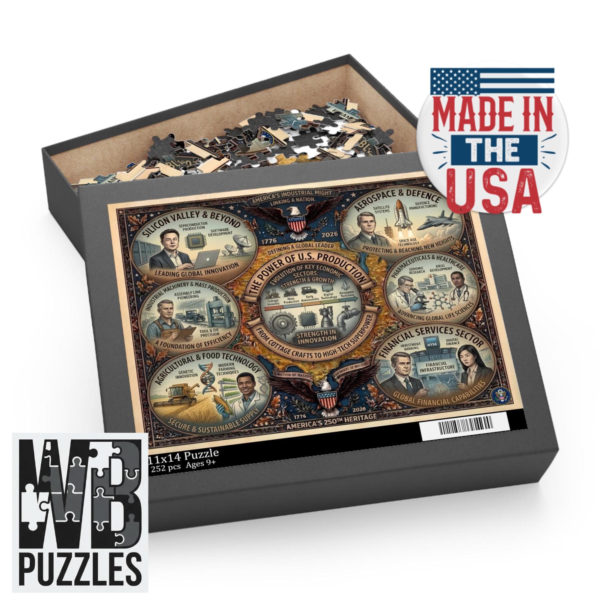 USA 250th Anniversary Illustrated Puzzle | 252/500 Piece Chipboard | Handcrafted
