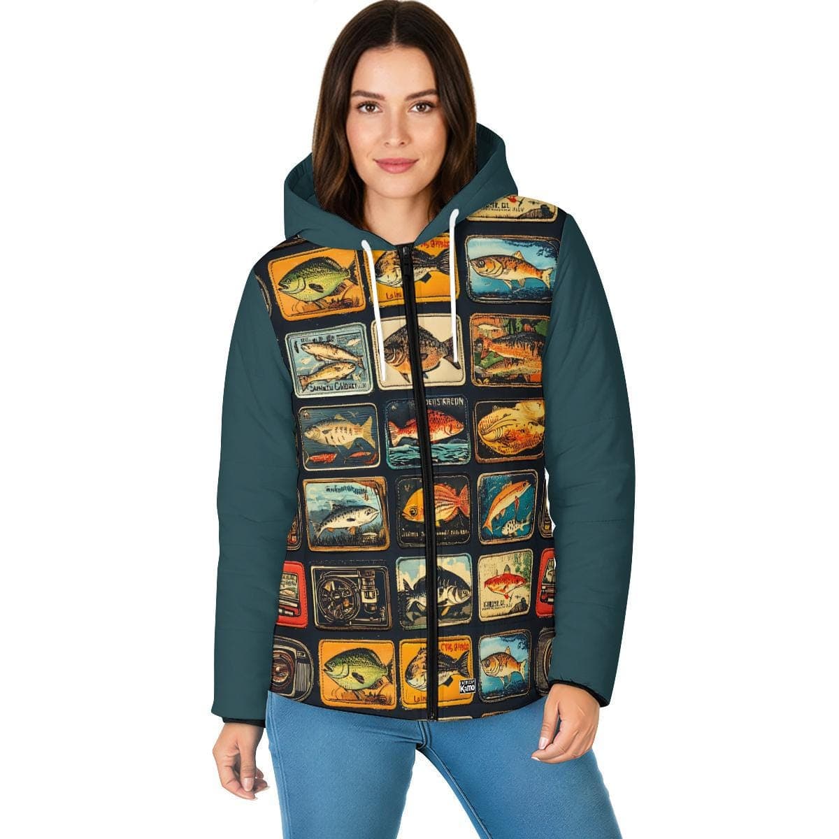 Vintage Fish Art Puffer Jacket | Hooded Fishing Enthusiast Outerwear | Unique Angler Gift