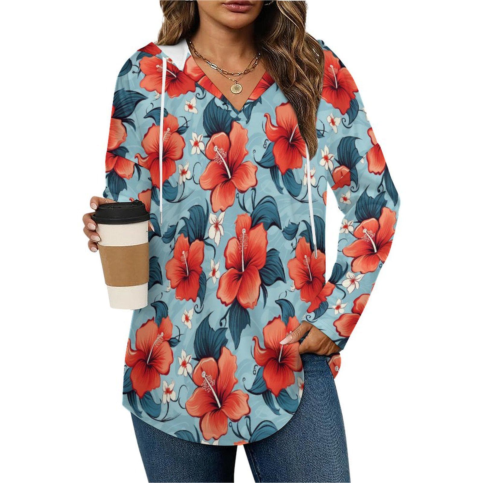 Women's Tropical Hibiscus V-Neck Hoodie | Floral Hawaiian Print Long Sleeve Pullover Tunic | Loose Fit Cozy Gabardine Sweatshirt