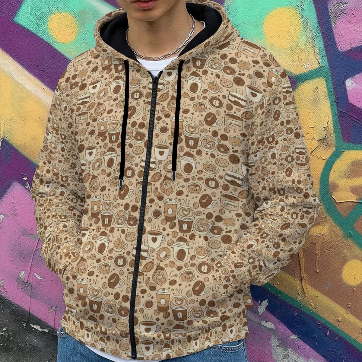 Cozy Coffee & Donut Full Zip Hoodie | Fur Lined Anti-Pill Fleece Jacket | Unique Food Pattern Hooded Sweatshirt